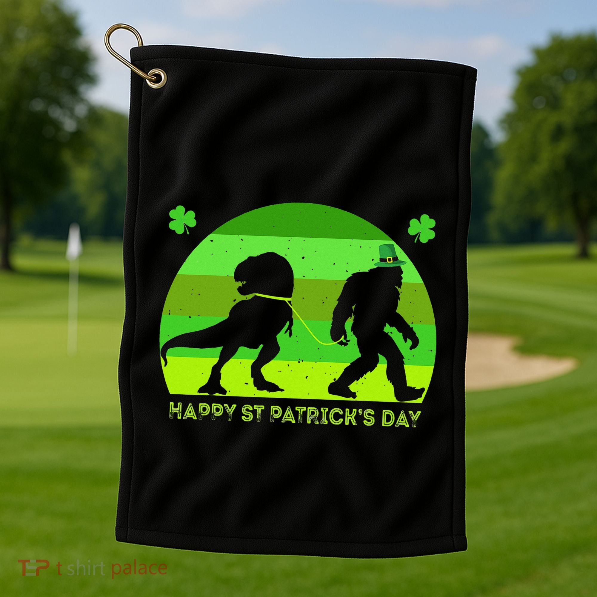 Happy St PaT-Rex Dinosaur Saint Patrick's Day Bigfoot sunset Golf Towel