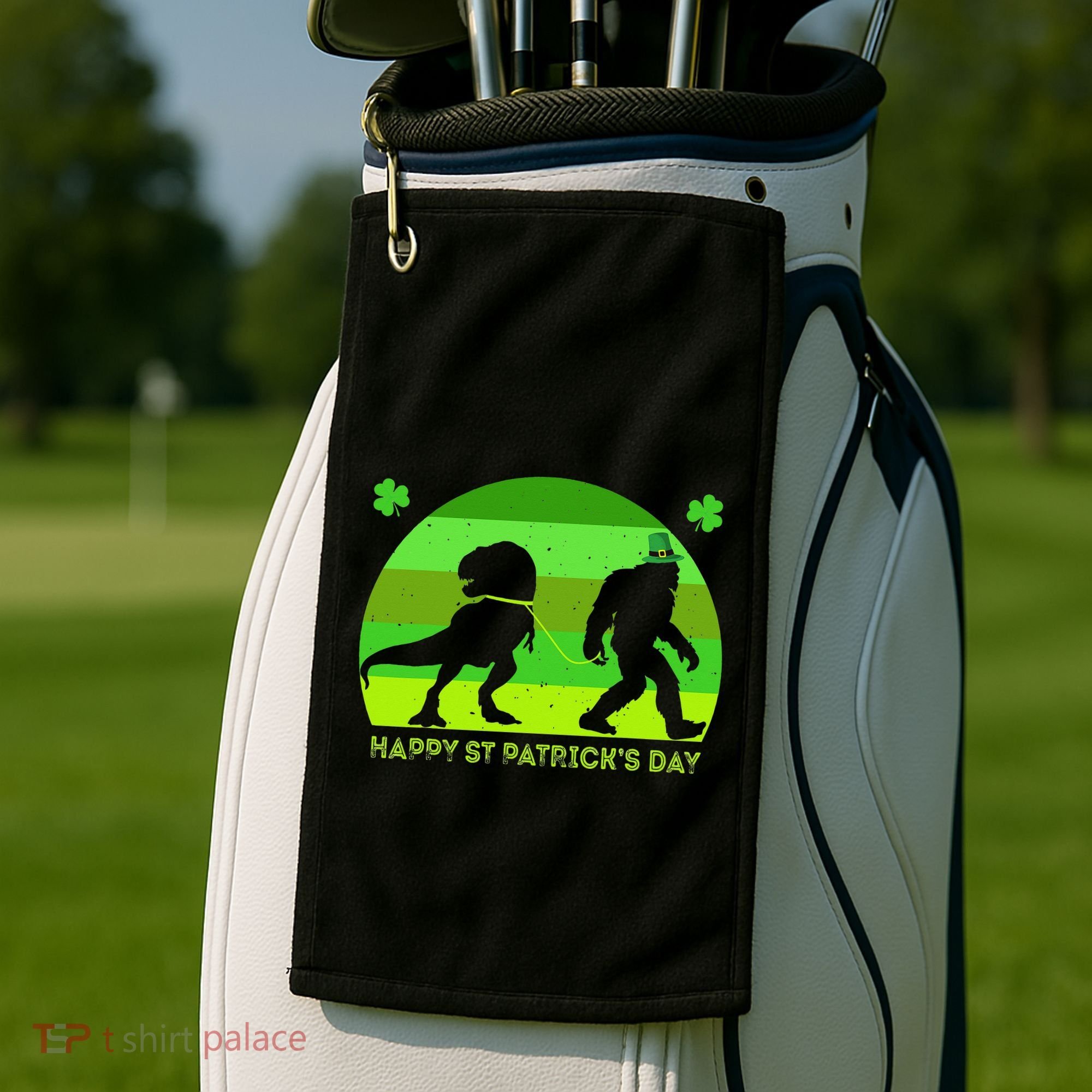 Happy St PaT-Rex Dinosaur Saint Patrick's Day Bigfoot sunset Golf Towel