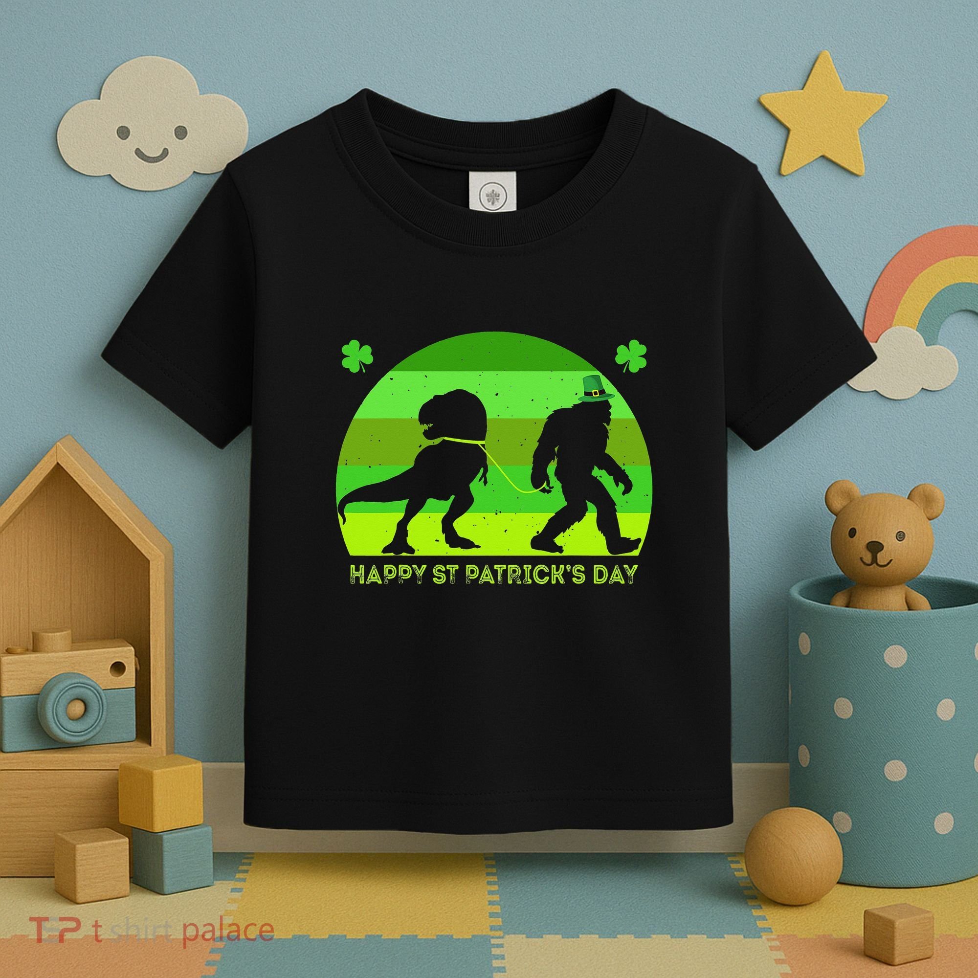 Happy St PaT-Rex Dinosaur Saint Patrick's Day Bigfoot sunset Toddler T-Shirt