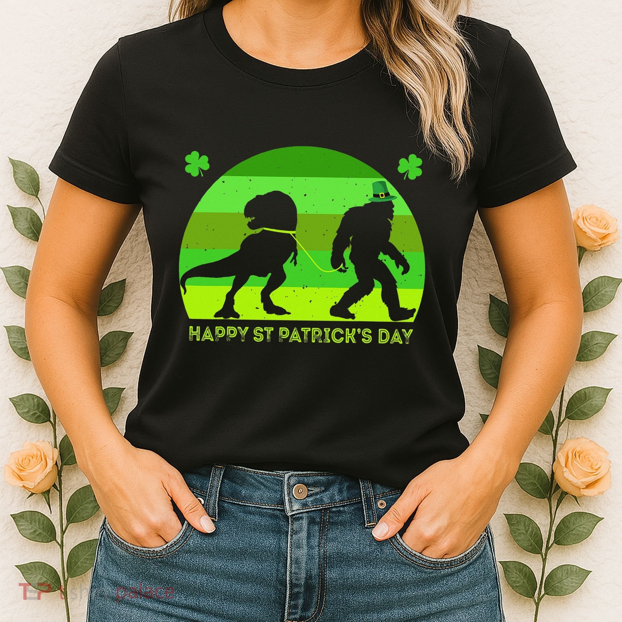 Happy St PaT-Rex Dinosaur Saint Patrick's Day Bigfoot sunset Women's T-Shirt