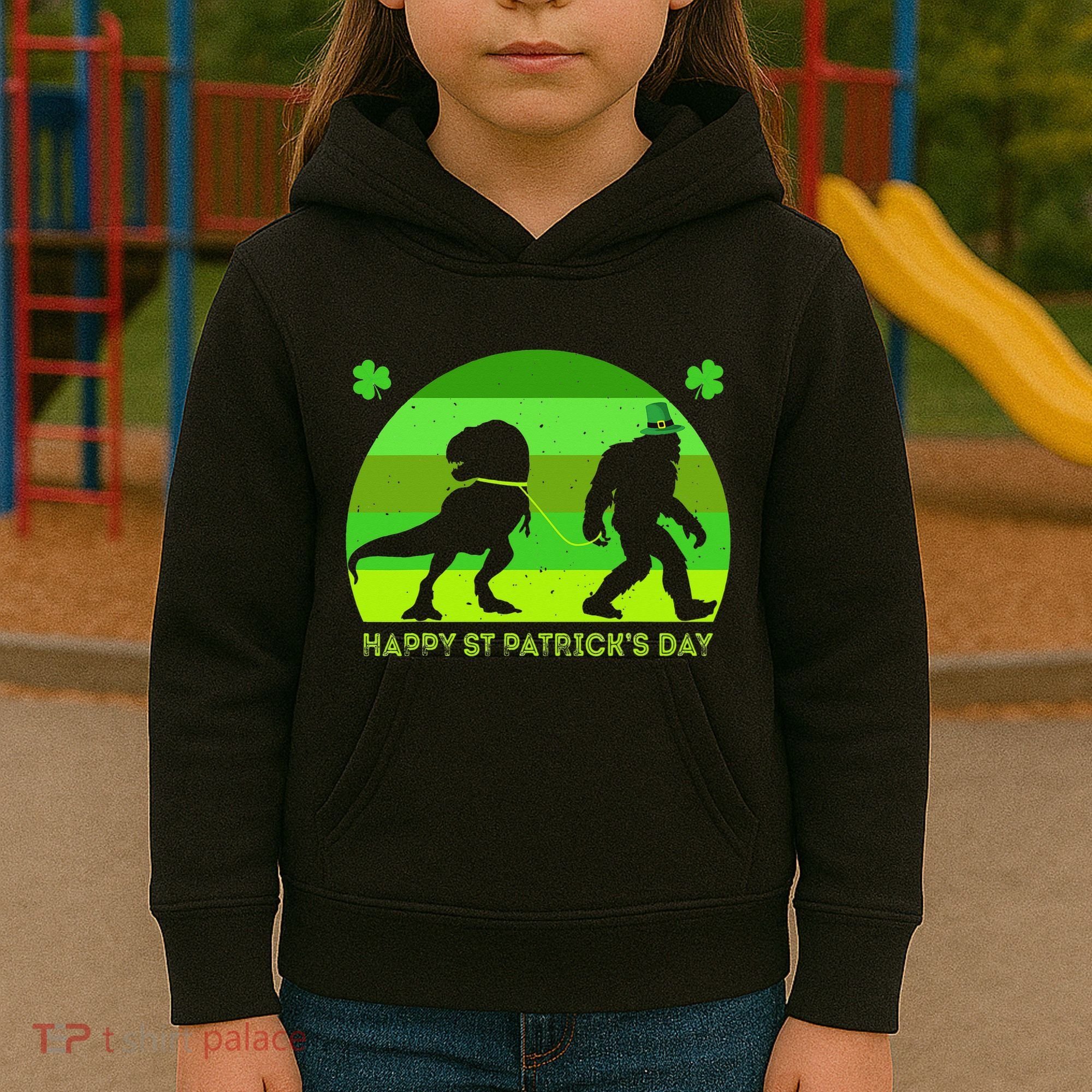 Happy St PaT-Rex Dinosaur Saint Patrick's Day Bigfoot sunset Kids Hoodie