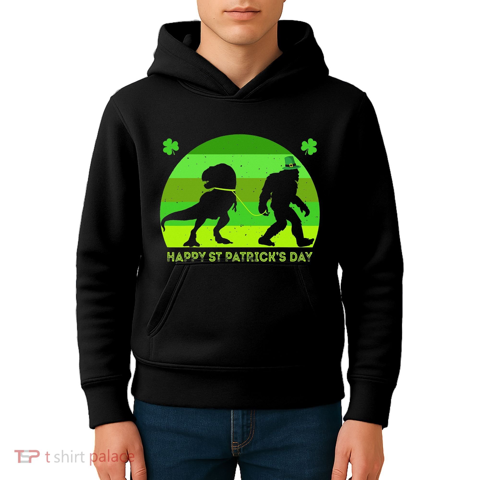 Happy St PaT-Rex Dinosaur Saint Patrick's Day Bigfoot sunset Kids Hoodie