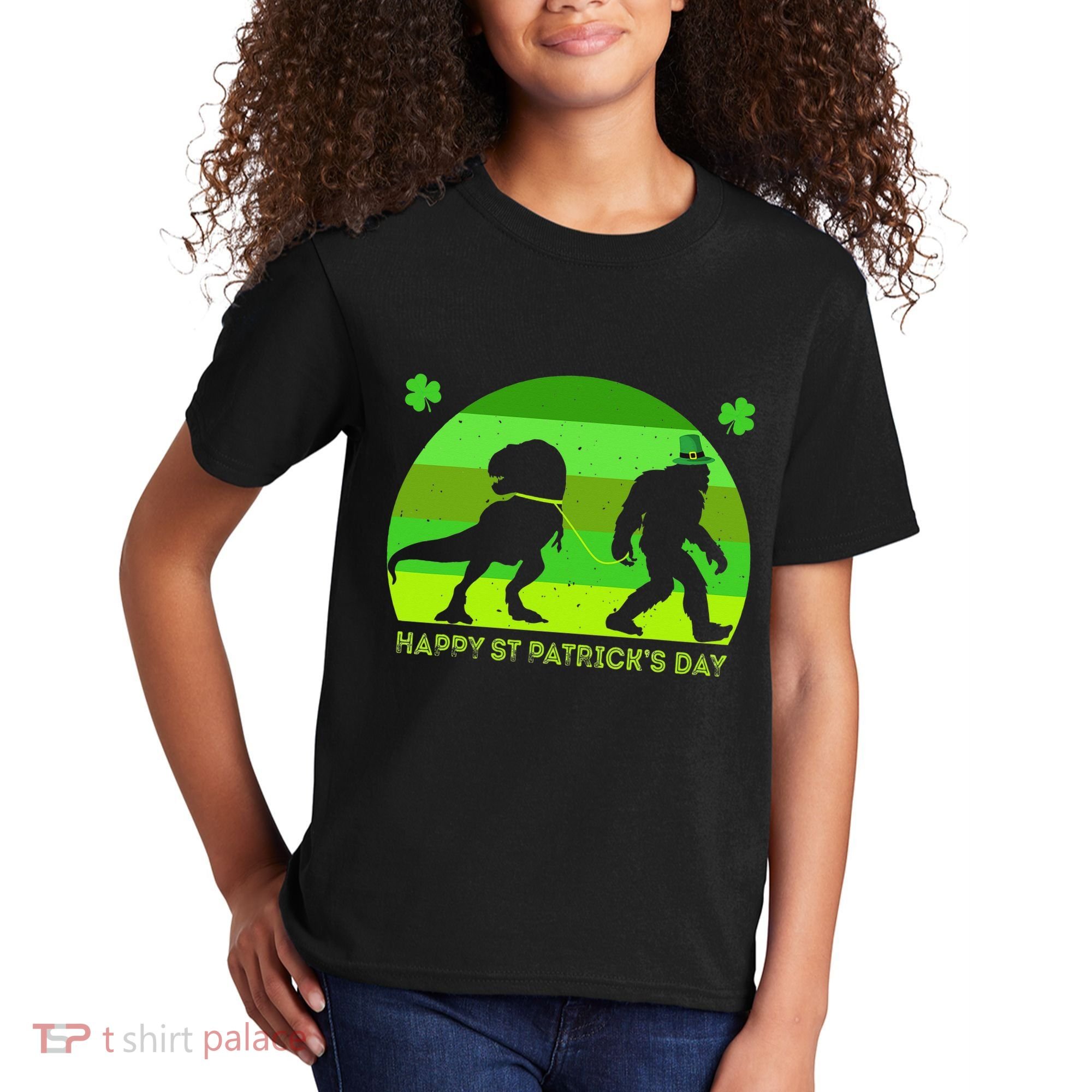 Happy St PaT-Rex Dinosaur Saint Patrick's Day Bigfoot sunset Kids T-Shirt