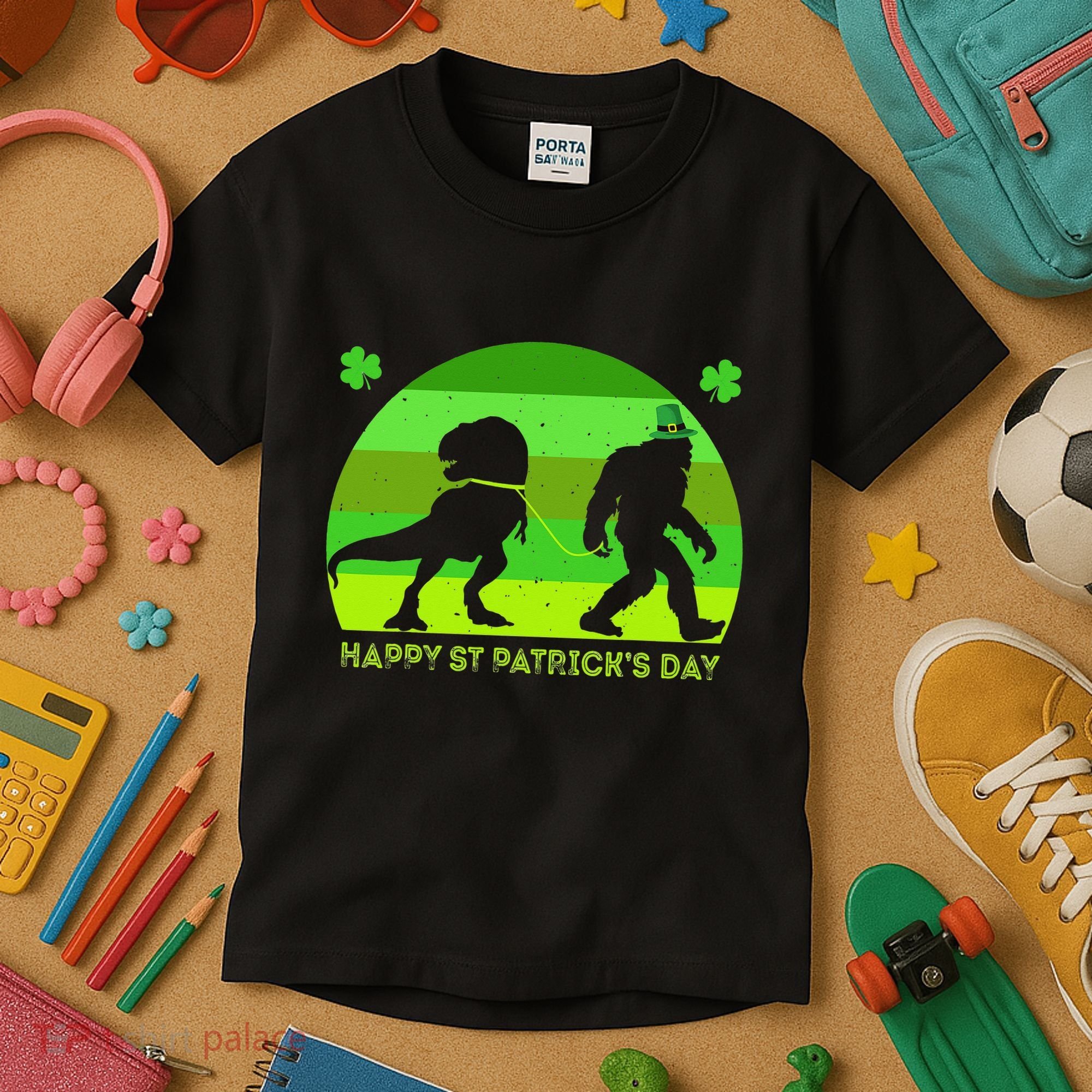 Happy St PaT-Rex Dinosaur Saint Patrick's Day Bigfoot sunset Kids T-Shirt