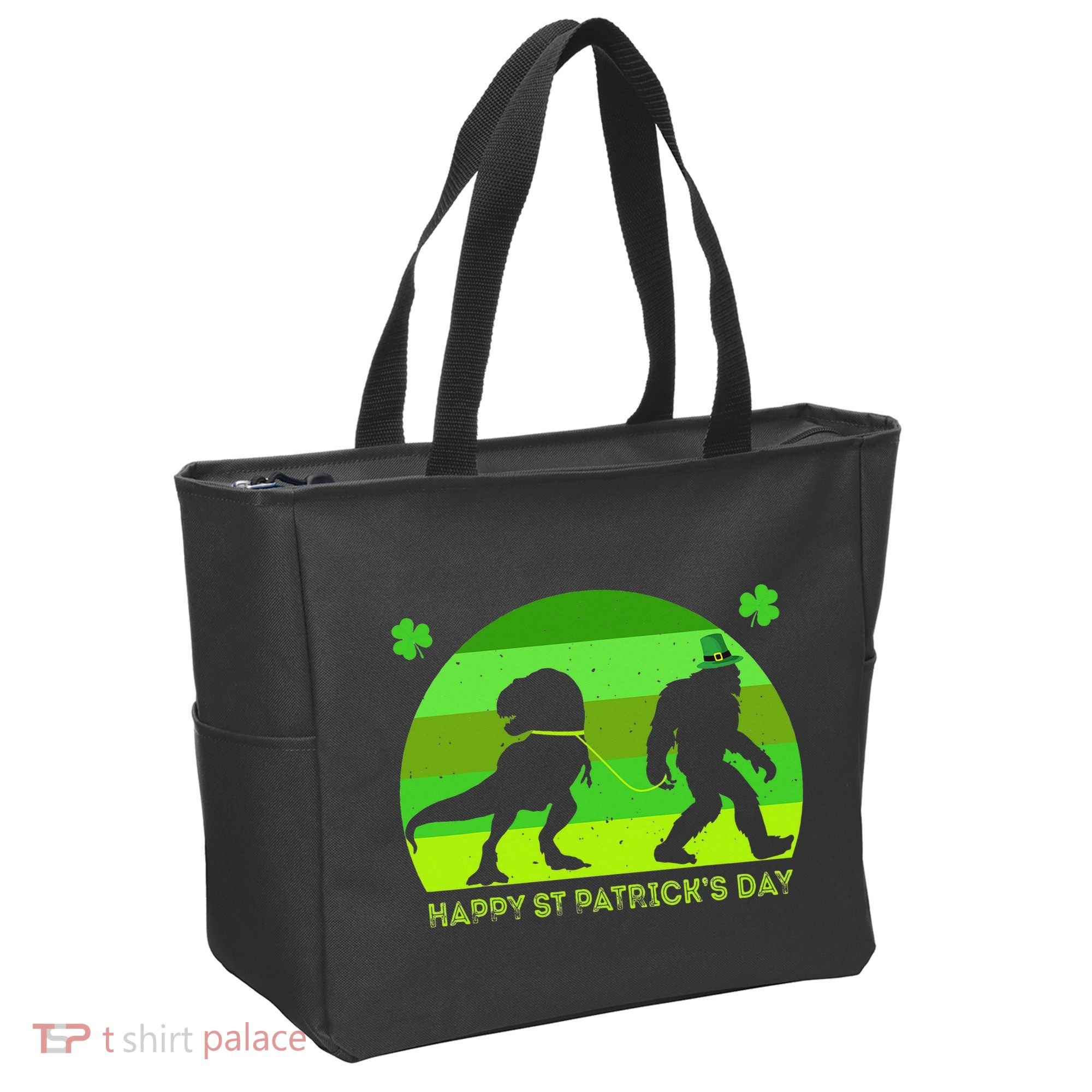Happy St PaT-Rex Dinosaur Saint Patrick's Day Bigfoot sunset Tote Bag