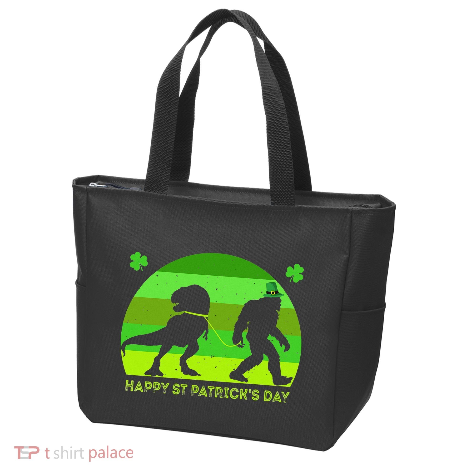 Happy St PaT-Rex Dinosaur Saint Patrick's Day Bigfoot sunset Tote Bag
