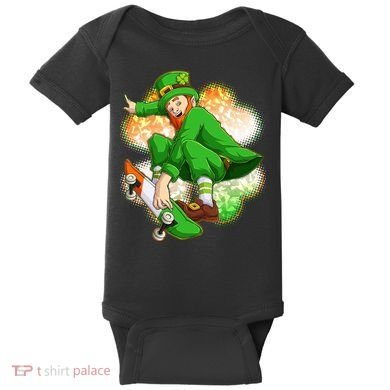 Happy St Patricks Day Skateboarding Leprechaun Baby Bodysuit