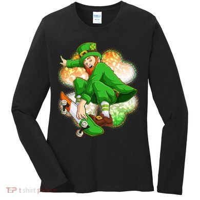 Happy St Patricks Day Skateboarding Leprechaun Women's Long Sleeve Shirt