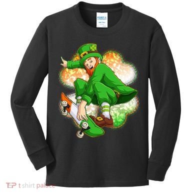 Happy St Patricks Day Skateboarding Leprechaun Kids Long Sleeve Shirt