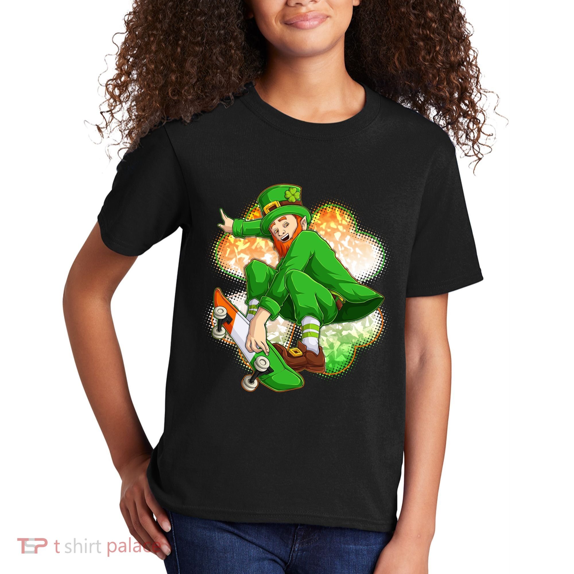 Happy St Patricks Day Skateboarding Leprechaun Kids T-Shirt