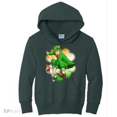 Happy St Patricks Day Skateboarding Leprechaun Kids Hoodie