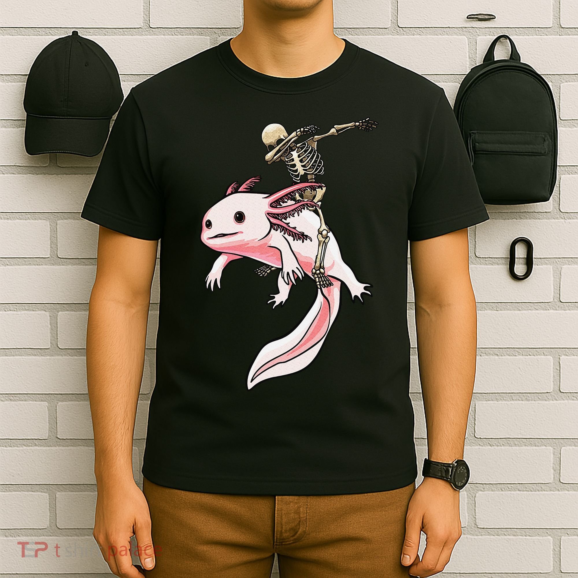 Halloween Skeleton Riding Axolotl Cute T-Shirt