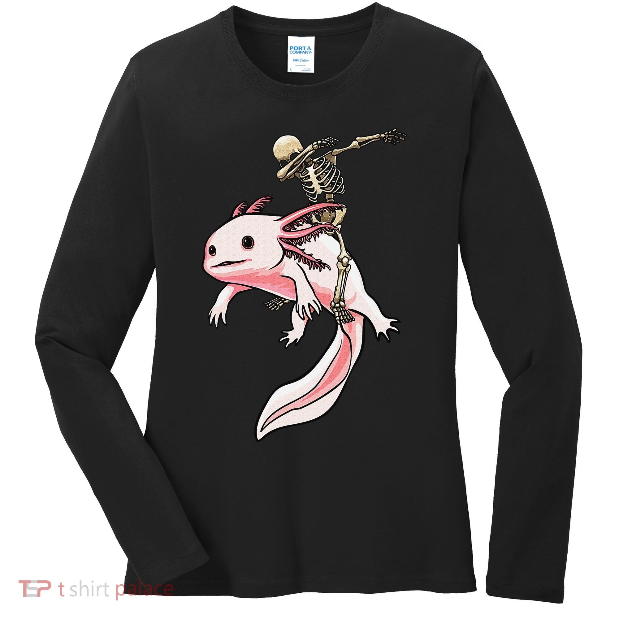 Halloween Skeleton Riding Axolotl Cute Women's Long Sleeve Shirt