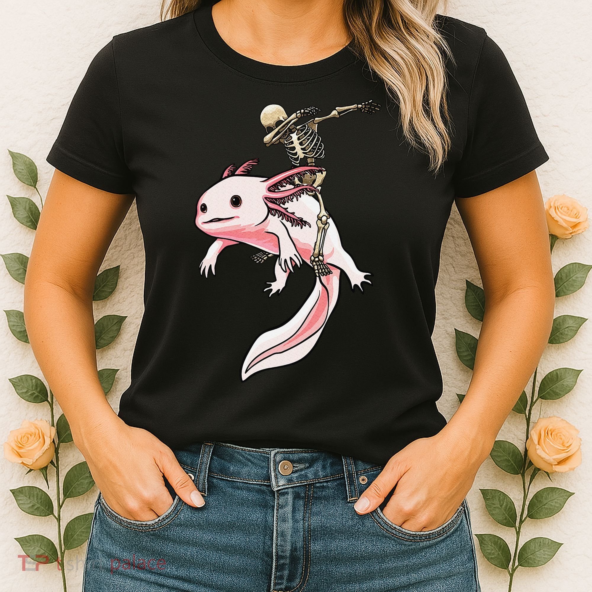 Halloween Skeleton Riding Axolotl Cute Women's T-Shirt