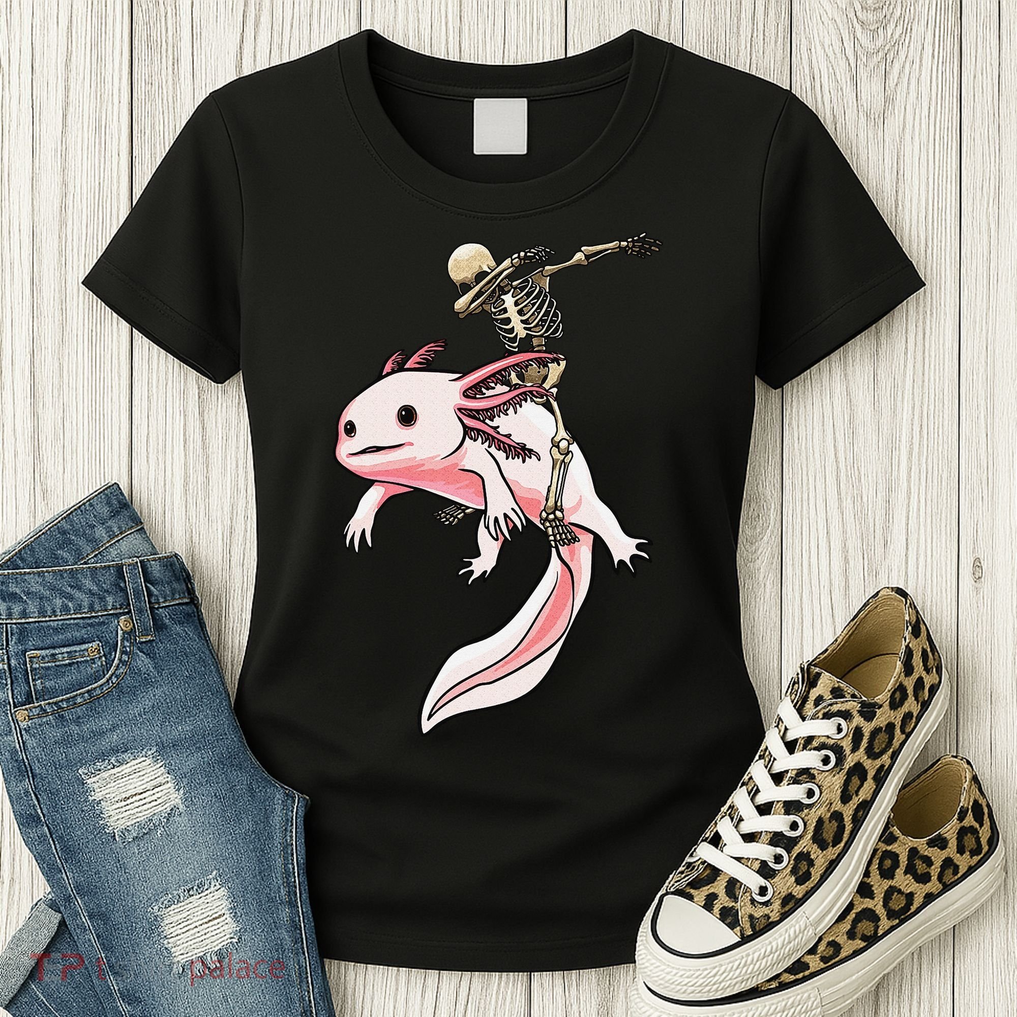 Halloween Skeleton Riding Axolotl Cute Women's T-Shirt