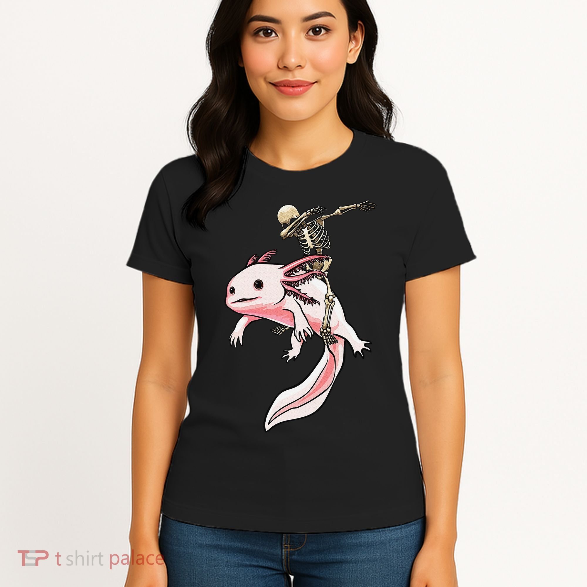Halloween Skeleton Riding Axolotl Cute Women's T-Shirt