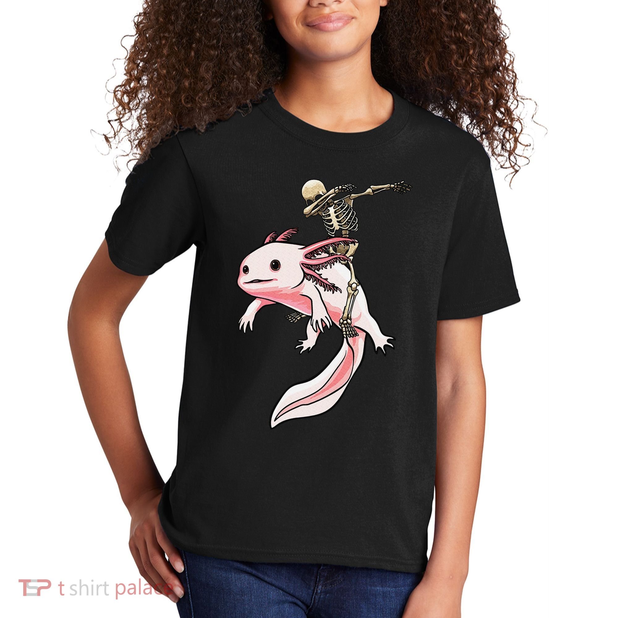 Halloween Skeleton Riding Axolotl Cute Kids T-Shirt