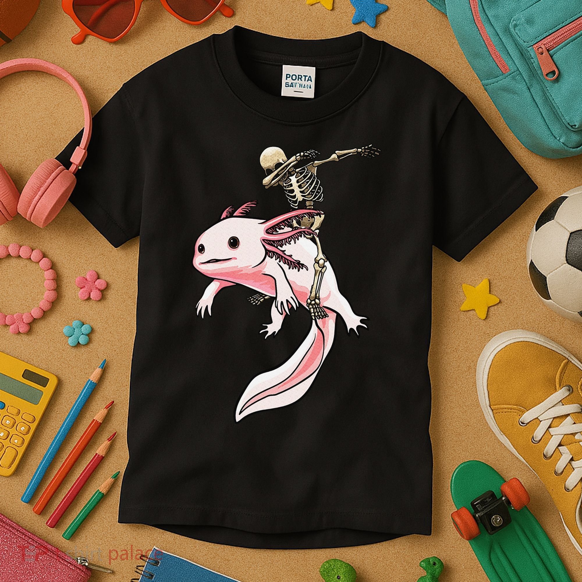 Halloween Skeleton Riding Axolotl Cute Kids T-Shirt