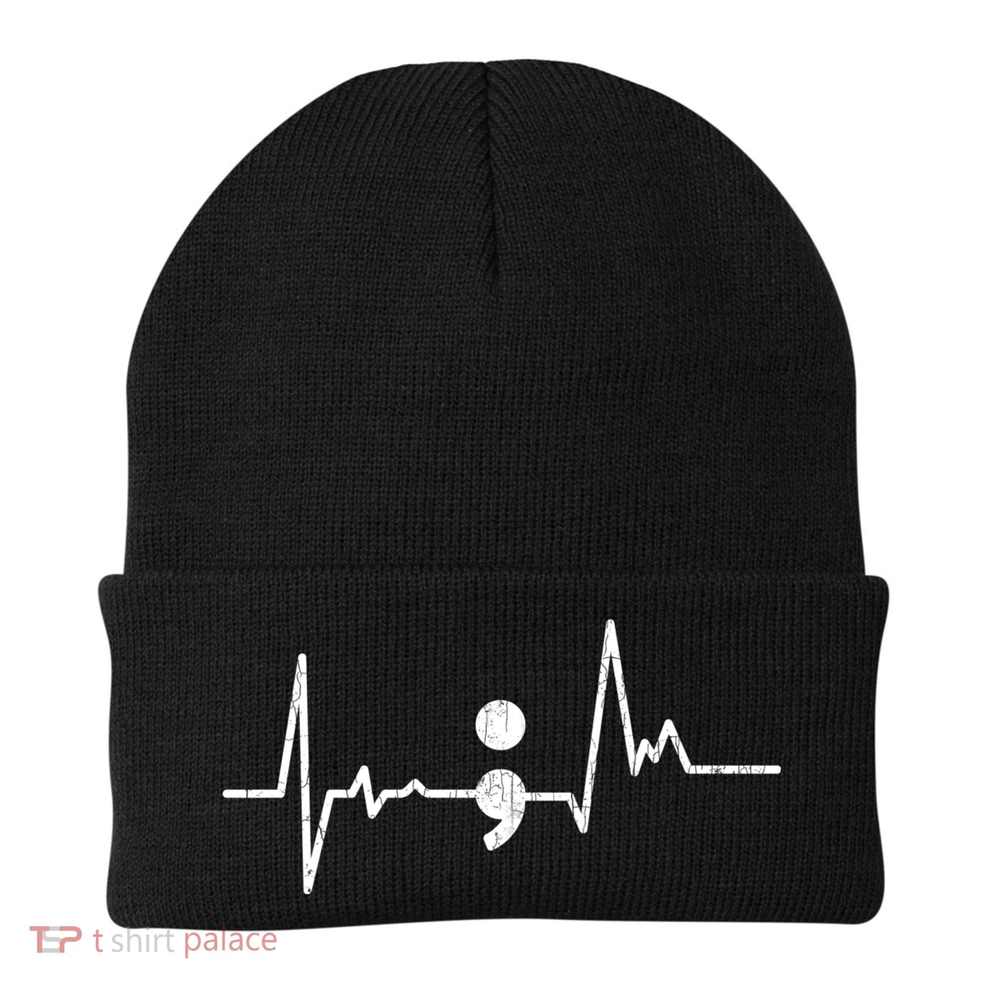 Heartbeat Semicolon Suicide Prevention Awareness Graphic Beanie