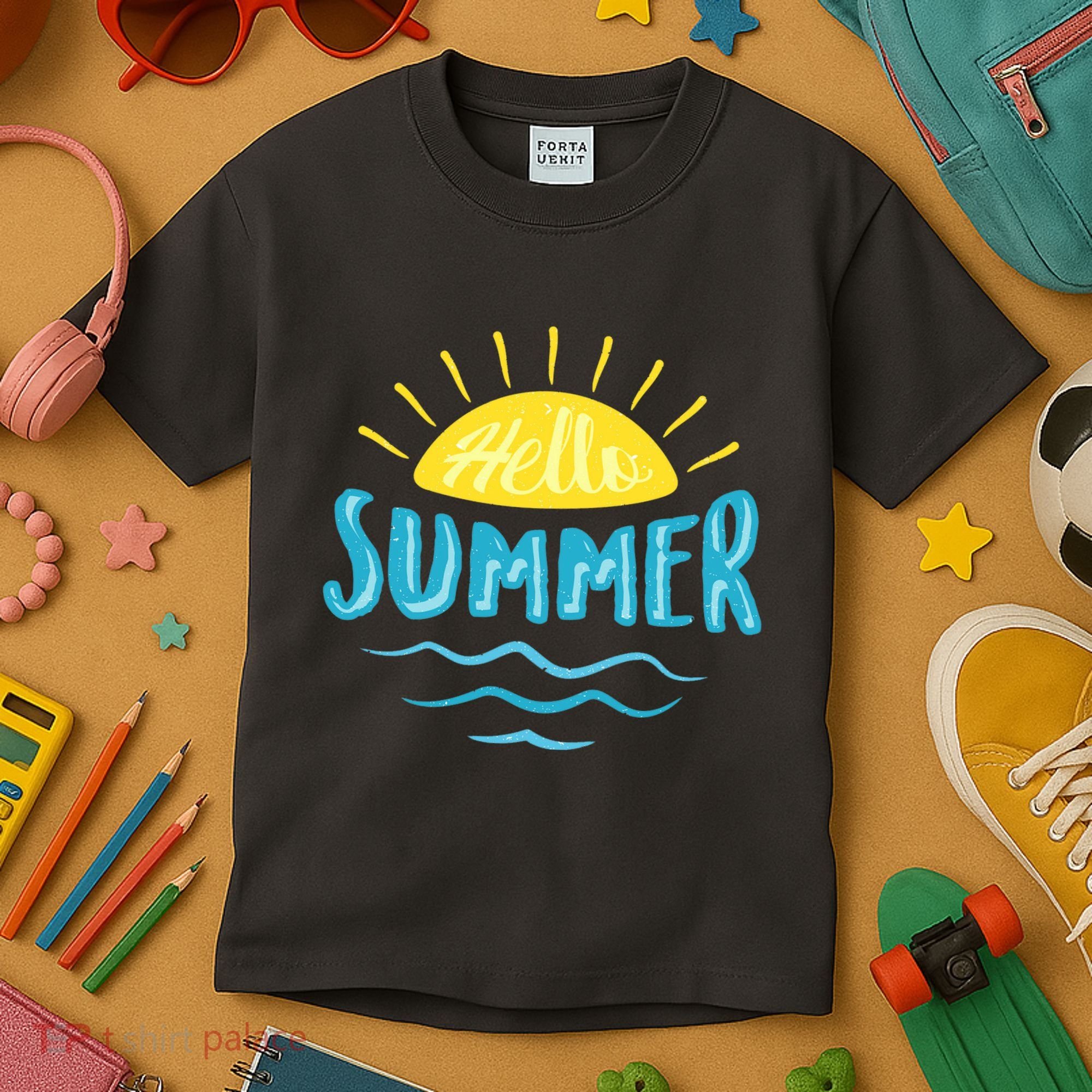 Hello Summer Sunset Ocean Wave Kids T-Shirt