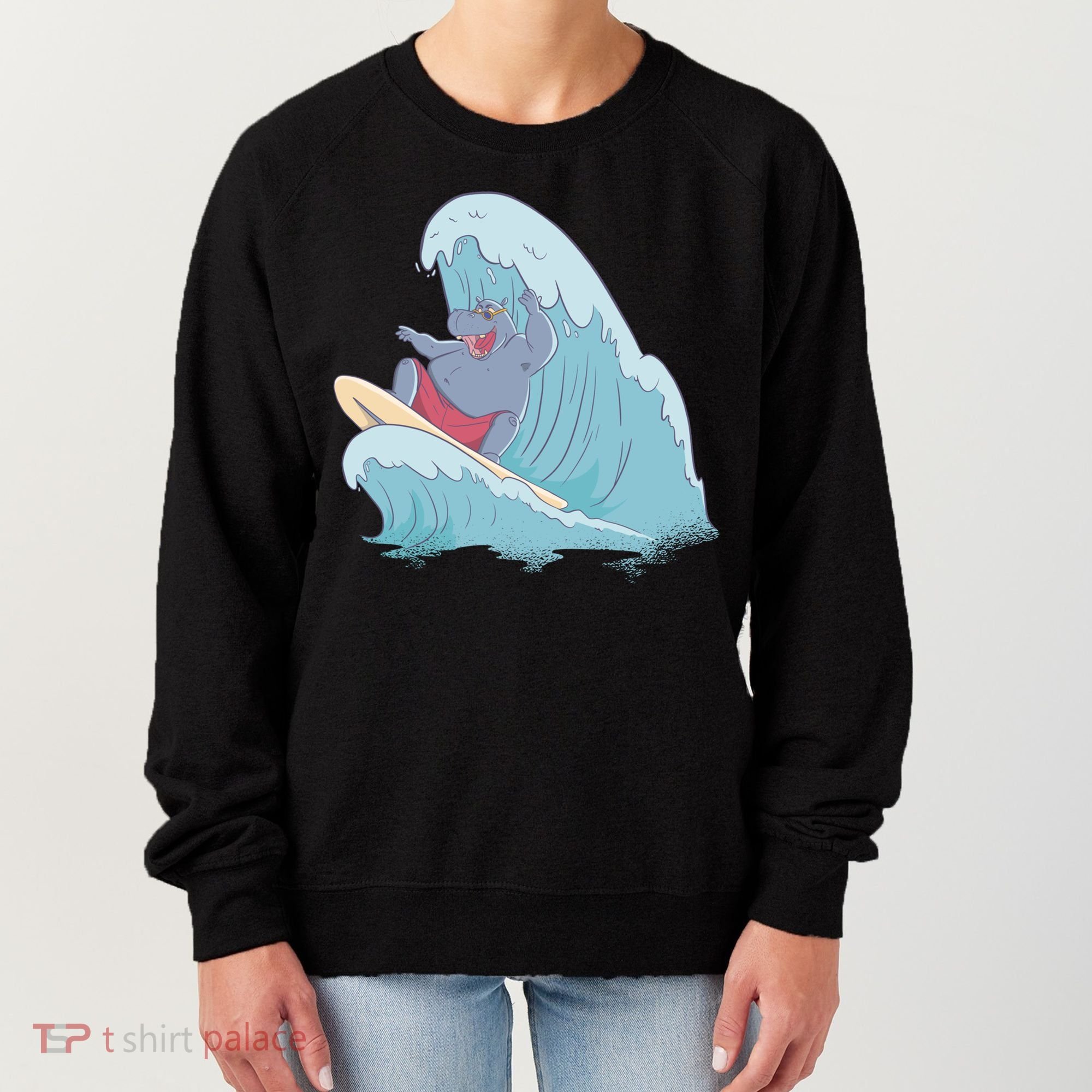 Hippo Surfing Surf Hippopotamus Wave Ocean Beach Gift Women's Sweatshirt