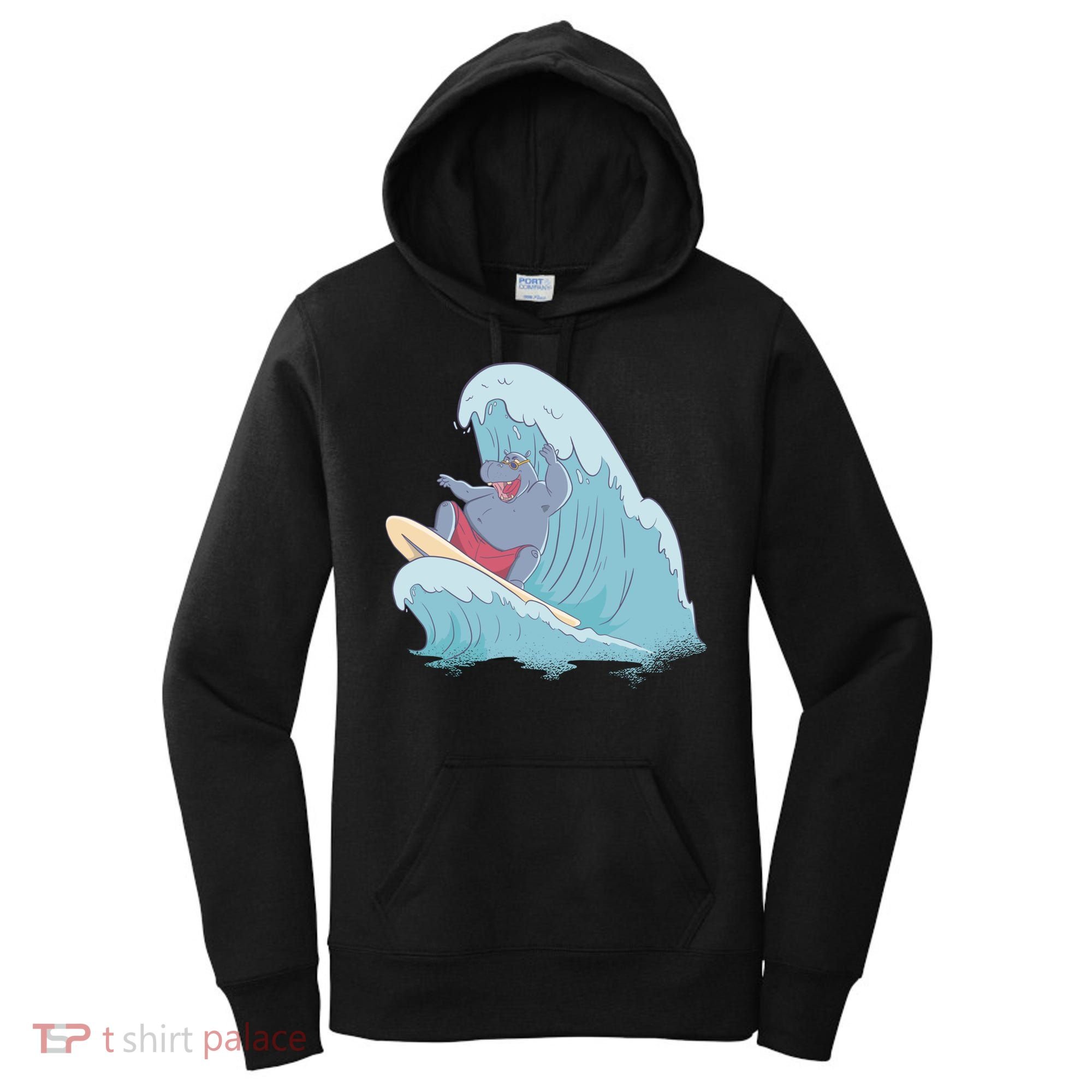 Hippo Surfing Surf Hippopotamus Wave Ocean Beach Gift Women's Hoodie