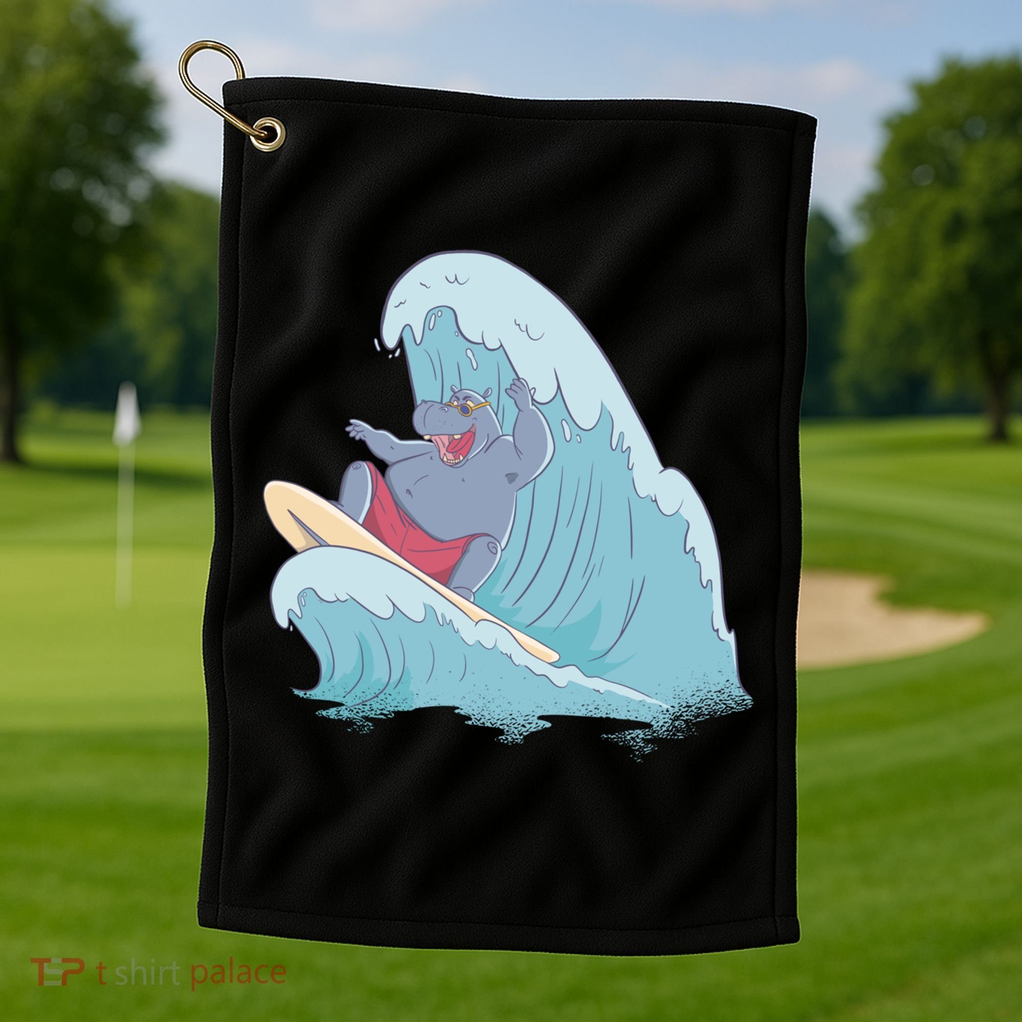 Hippo Surfing Surf Hippopotamus Wave Ocean Beach Gift Golf Towel