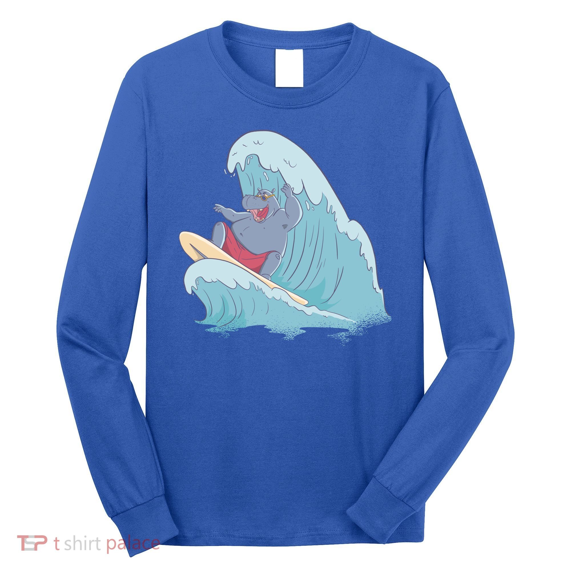 Hippo Surfing Surf Hippopotamus Wave Ocean Beach Gift Long Sleeve Shirt