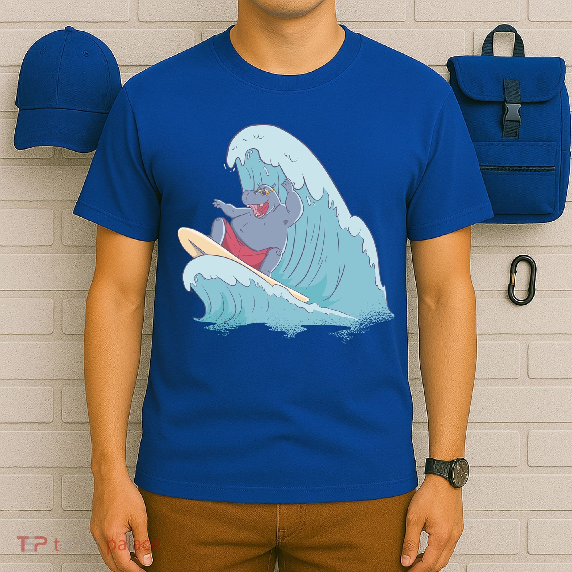 Hippo Surfing Surf Hippopotamus Wave Ocean Beach Gift T-Shirt
