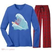 Hippo Surfing Surf Hippopotamus Wave Ocean Beach Gift Women's Long Sleeve Flannel Pajama Set  thumb 0
