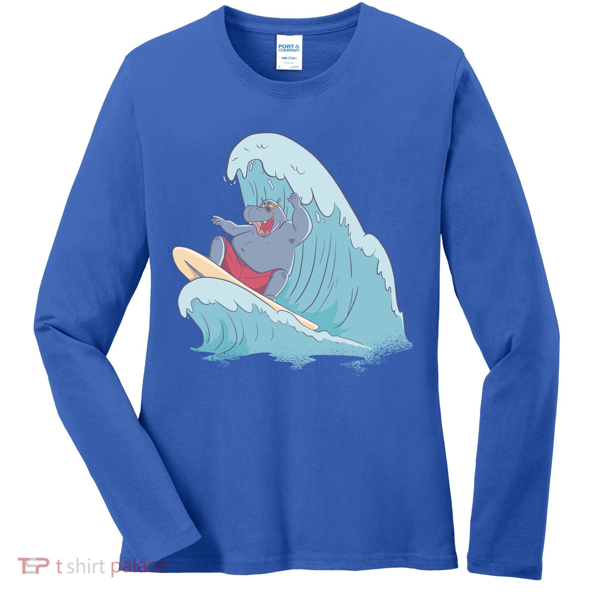 Hippo Surfing Surf Hippopotamus Wave Ocean Beach Gift Women's Long Sleeve Shirt