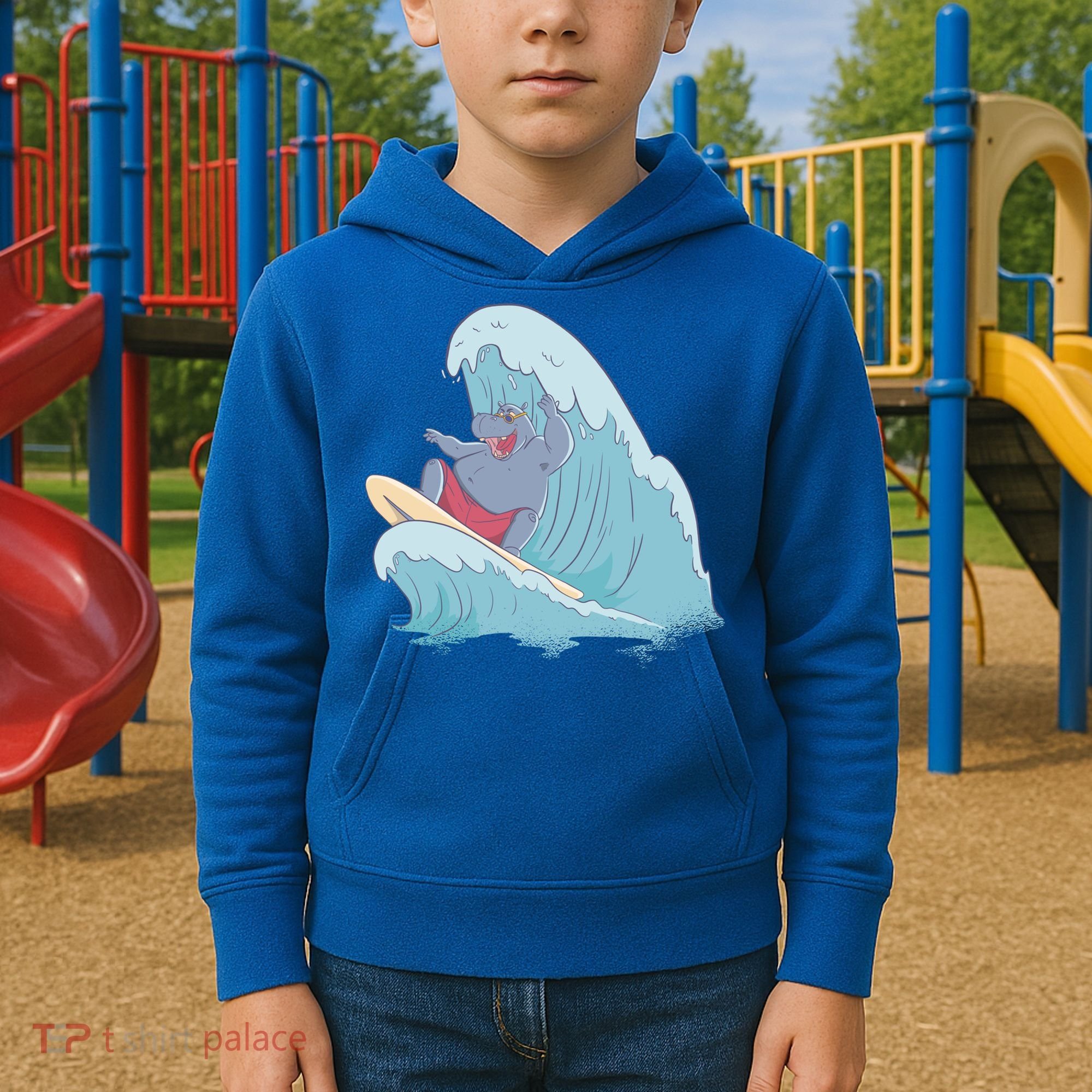 Hippo Surfing Surf Hippopotamus Wave Ocean Beach Gift Kids Hoodie