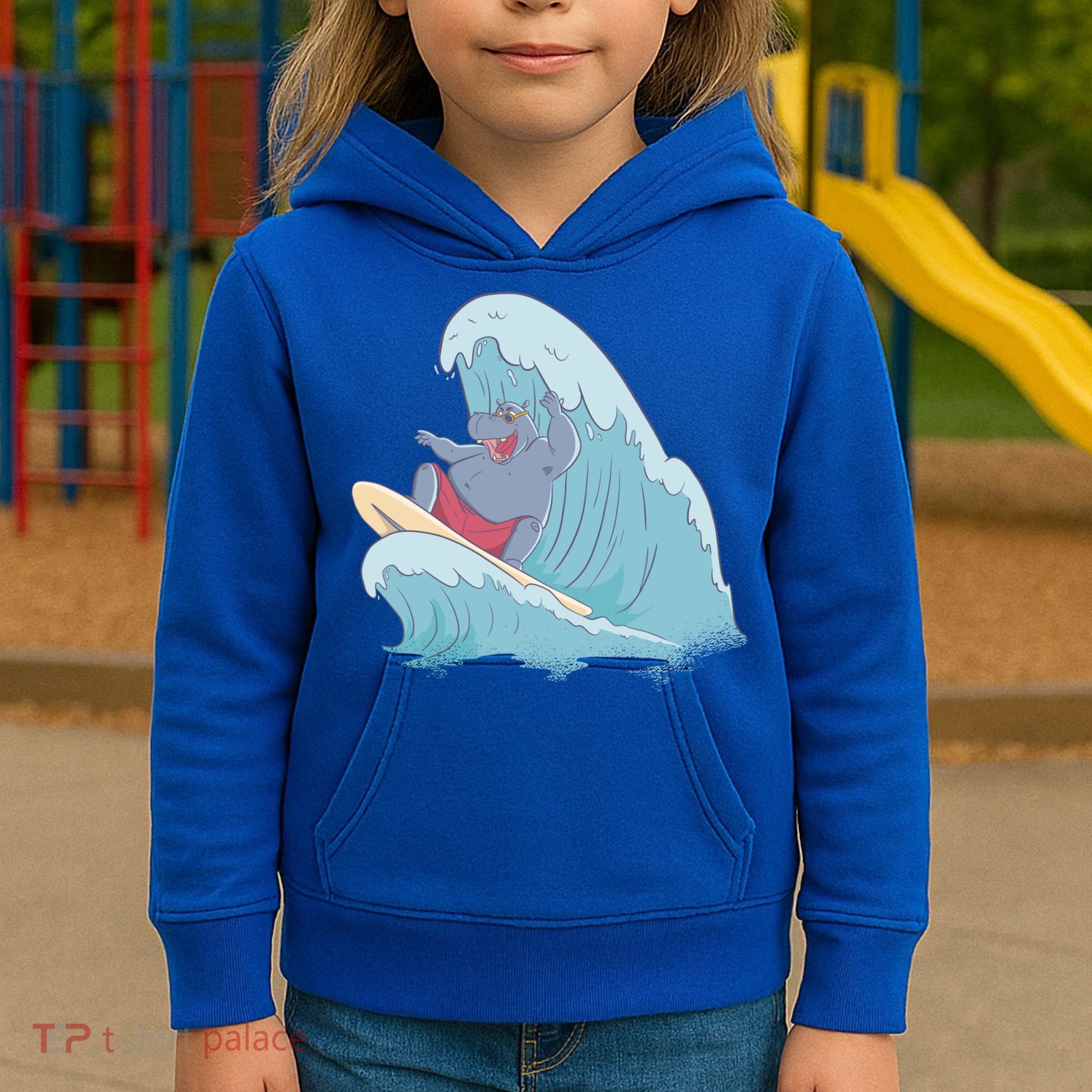 Hippo Surfing Surf Hippopotamus Wave Ocean Beach Gift Kids Hoodie