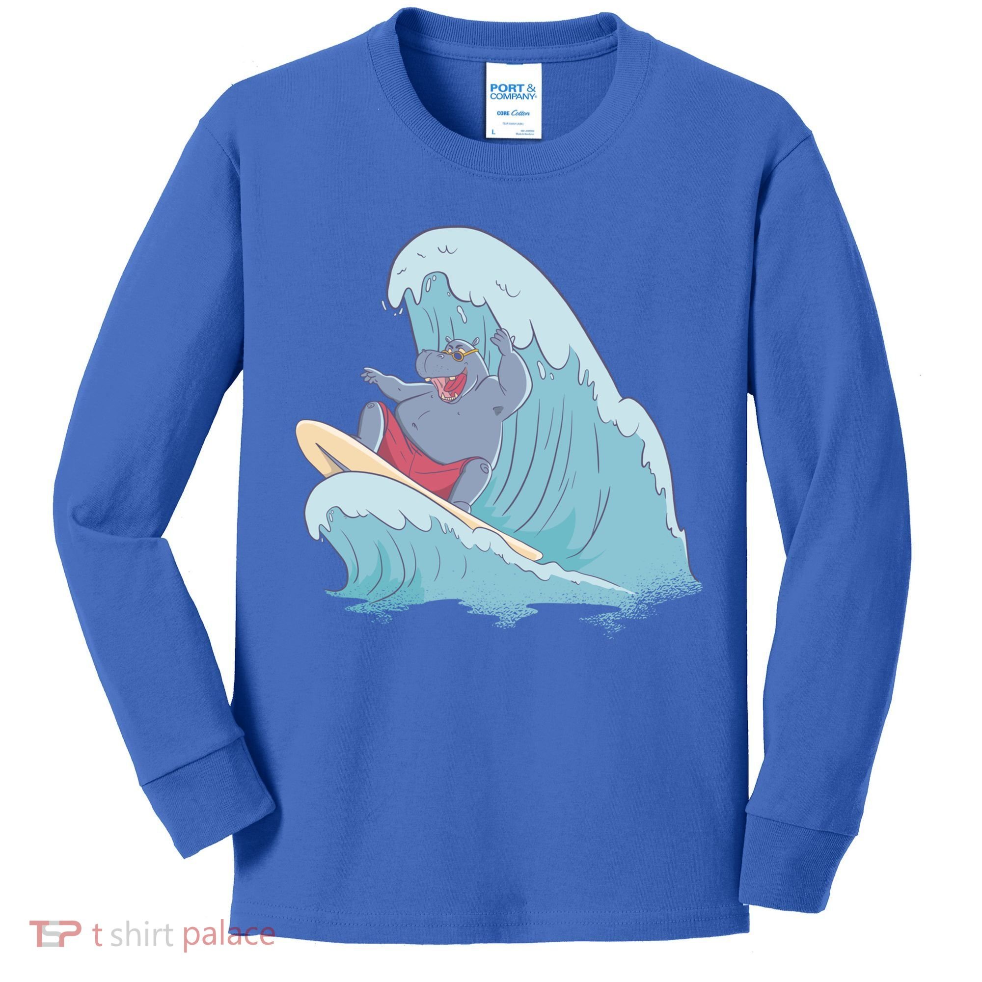 Hippo Surfing Surf Hippopotamus Wave Ocean Beach Gift Kids Long Sleeve Shirt