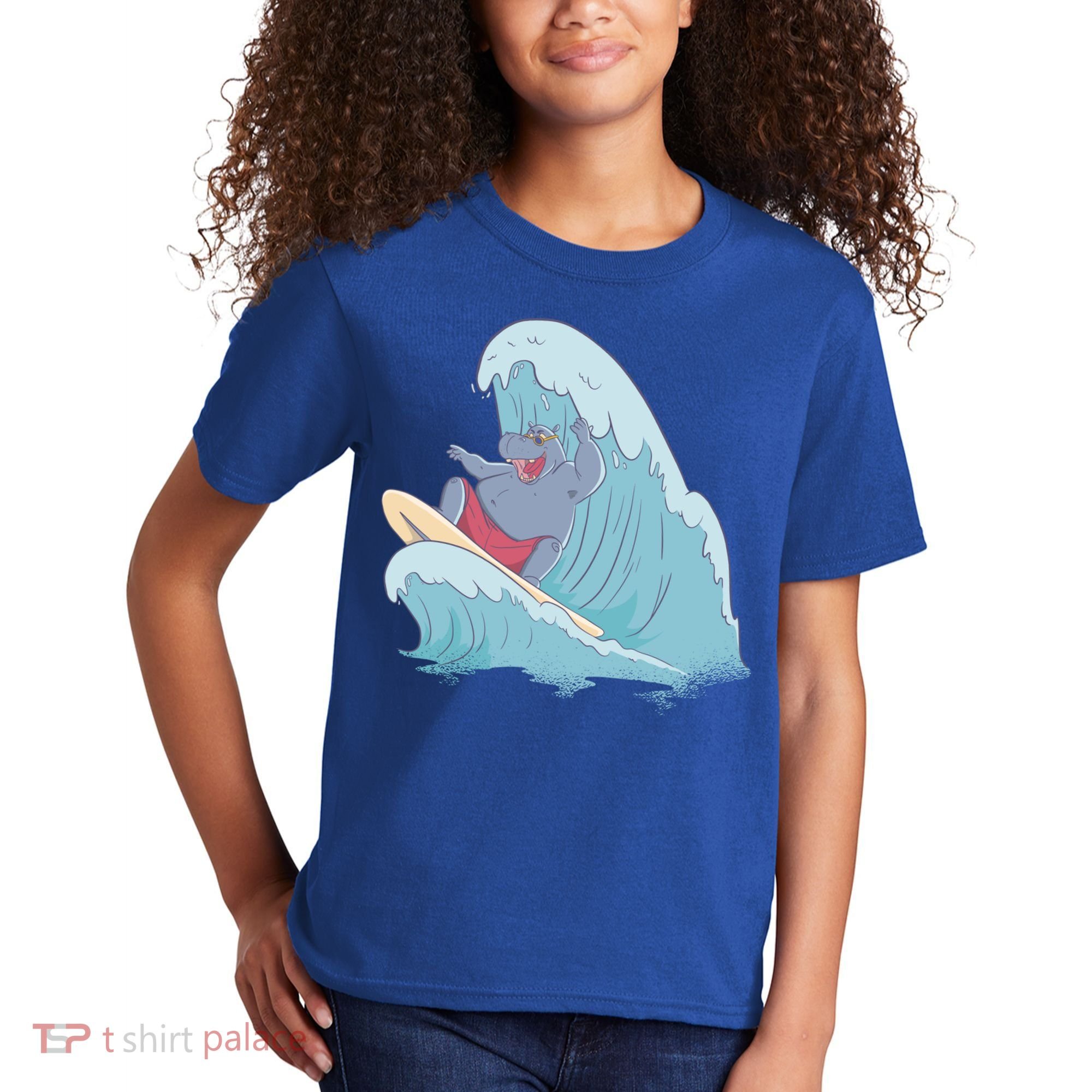 Hippo Surfing Surf Hippopotamus Wave Ocean Beach Gift Kids T-Shirt