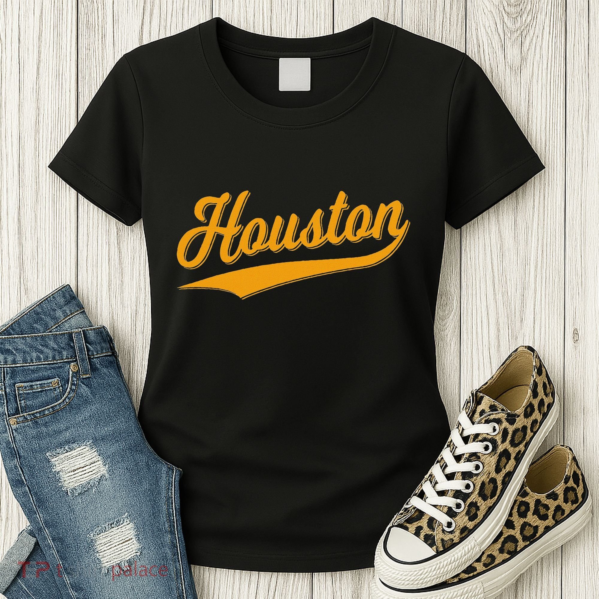 Houston Sports Script Cursive Classic Texas Flag Swoosh Women's T-Shirt