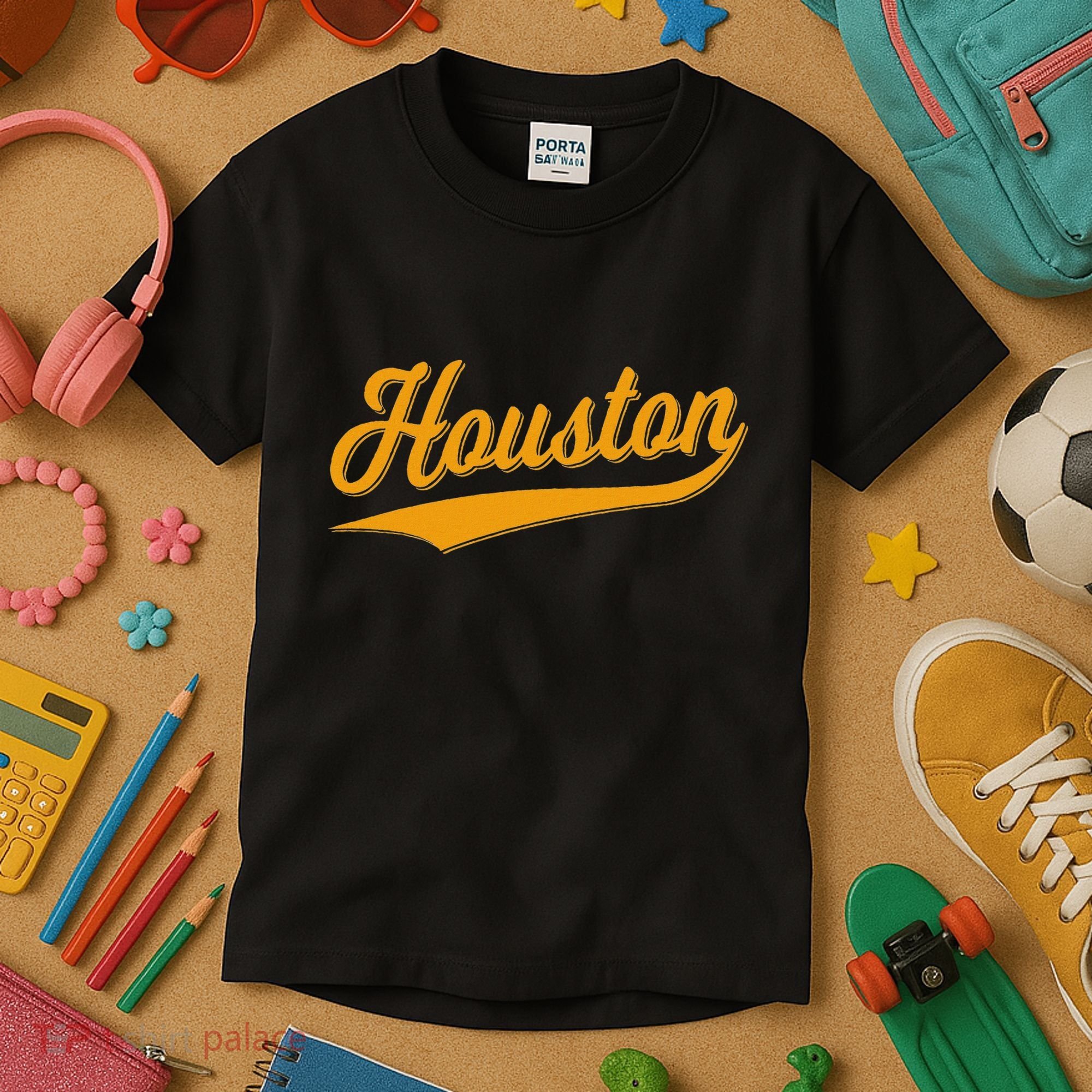 Houston Sports Script Cursive Classic Texas Flag Swoosh Kids T-Shirt