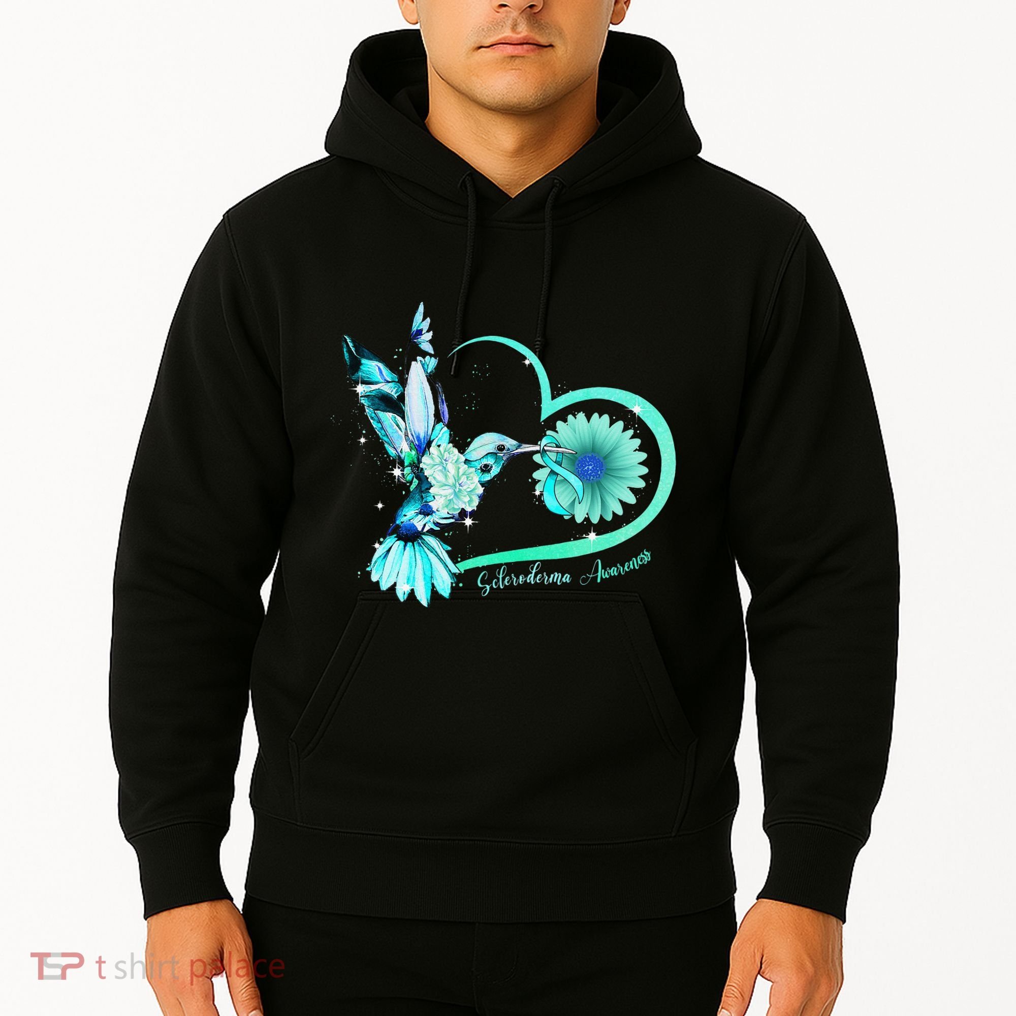 Hummingbird Sunflower Teal Ribbon Scleroderma Awareness Hoodie
