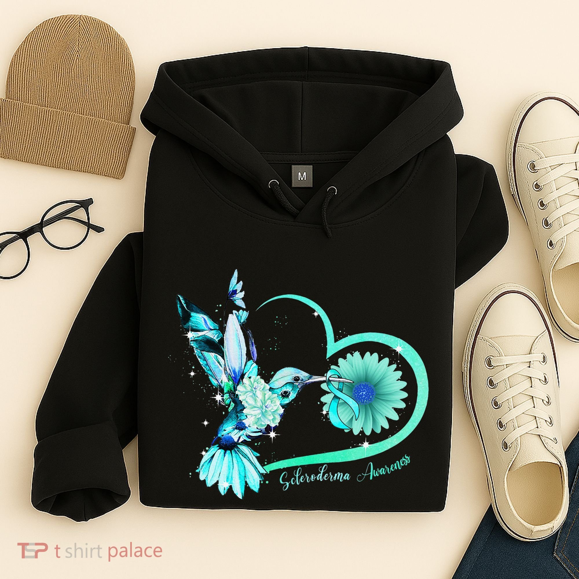 Hummingbird Sunflower Teal Ribbon Scleroderma Awareness Hoodie