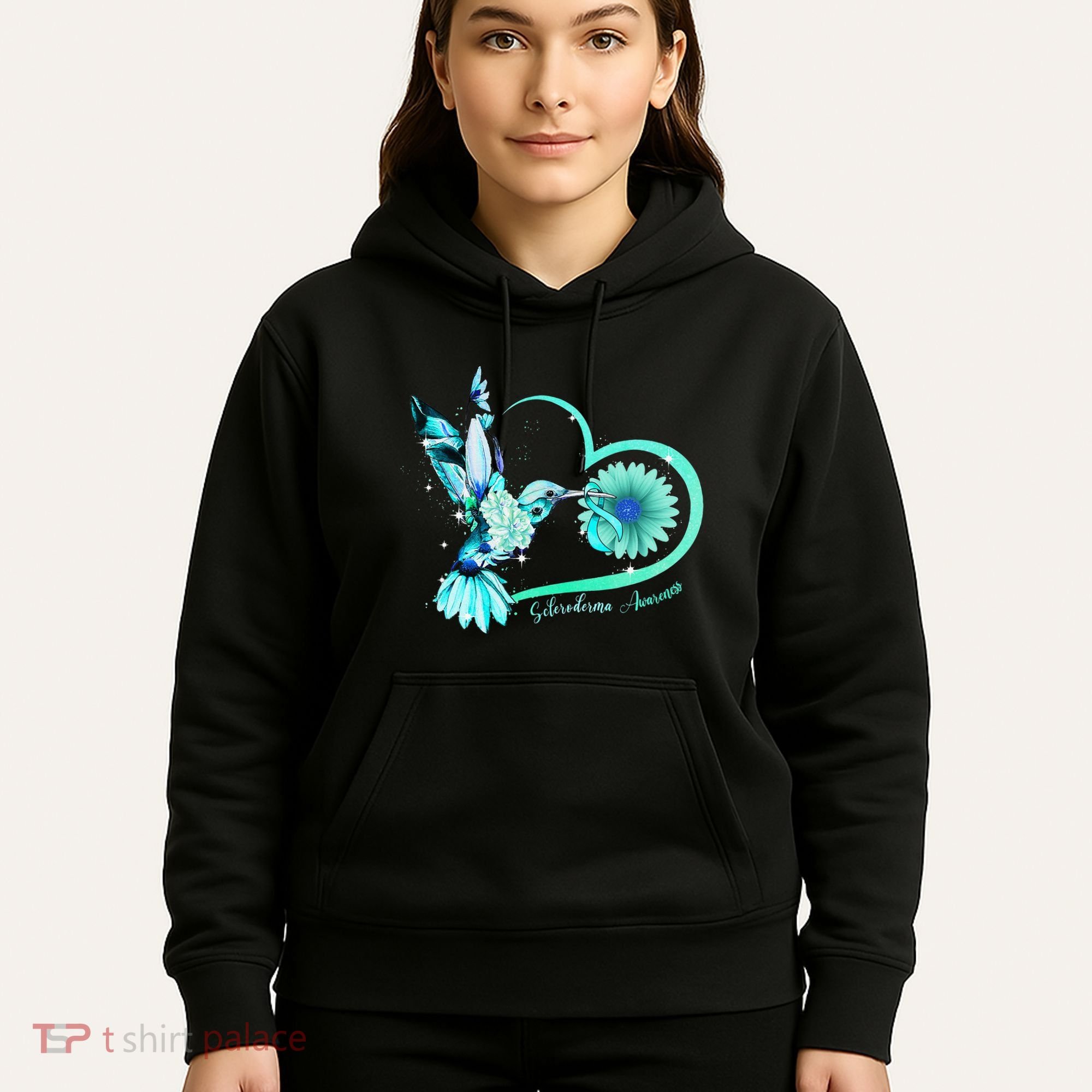 Hummingbird Sunflower Teal Ribbon Scleroderma Awareness Hoodie