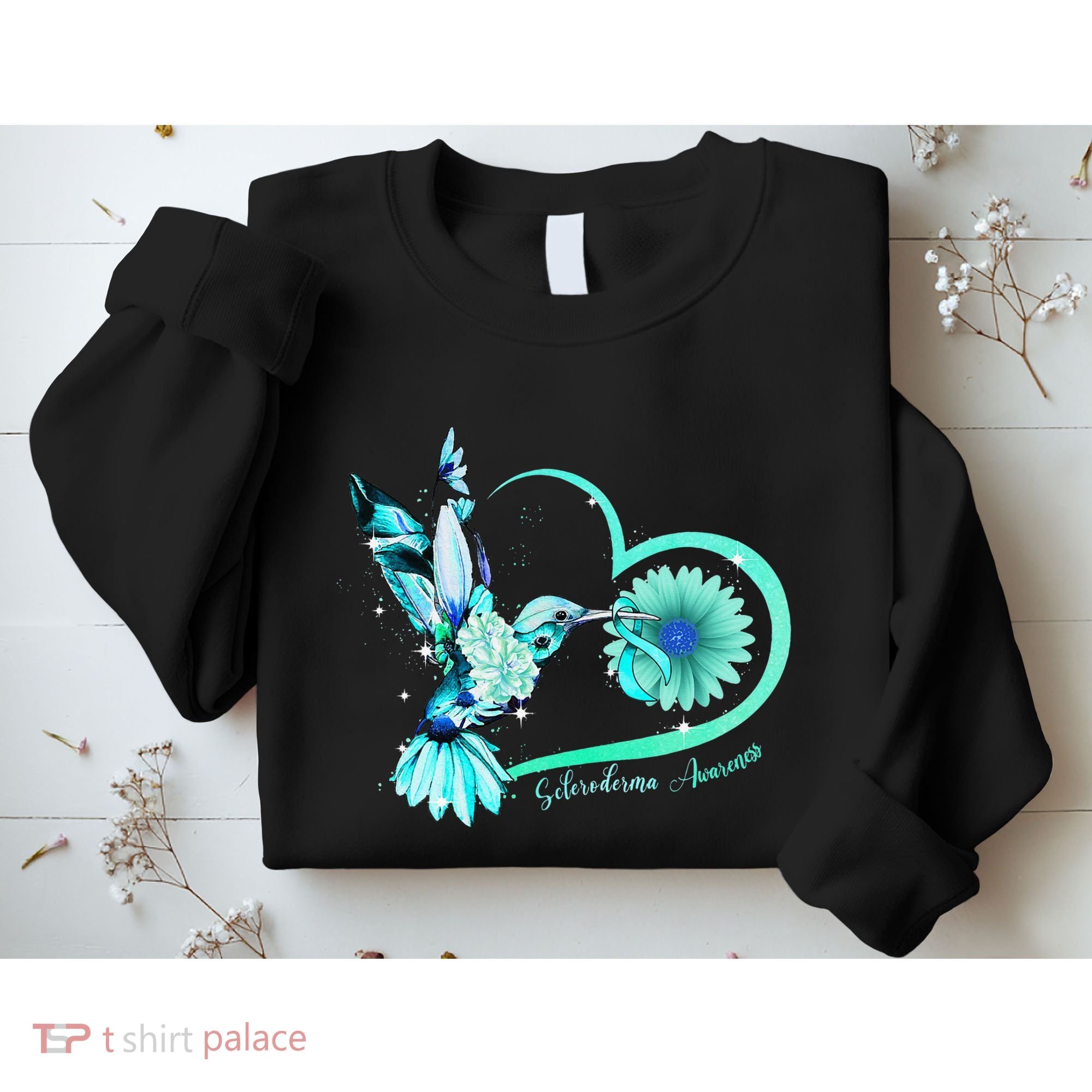 Hummingbird Sunflower Teal Ribbon Scleroderma Awareness Sweatshirt