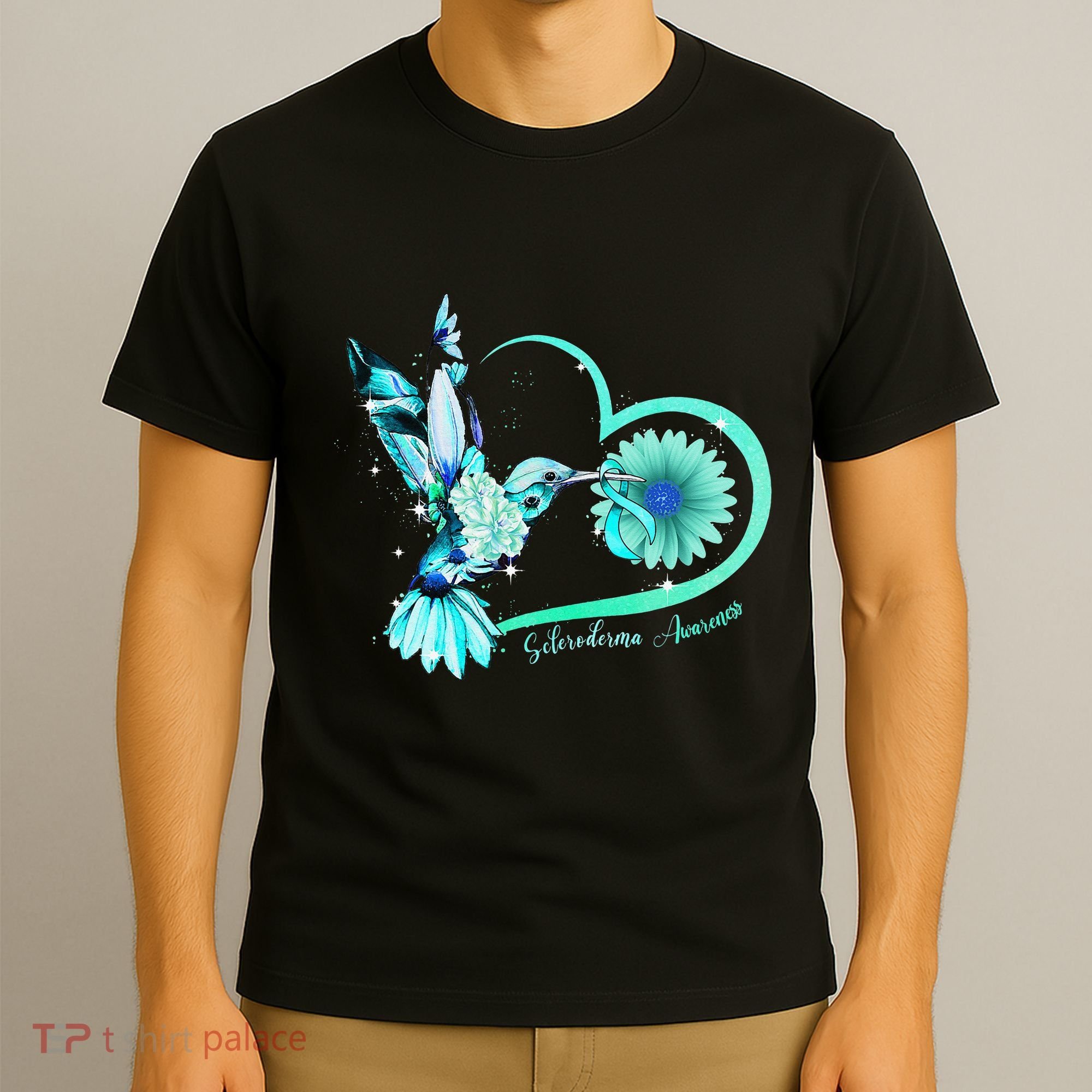Hummingbird Sunflower Teal Ribbon Scleroderma Awareness T-Shirt