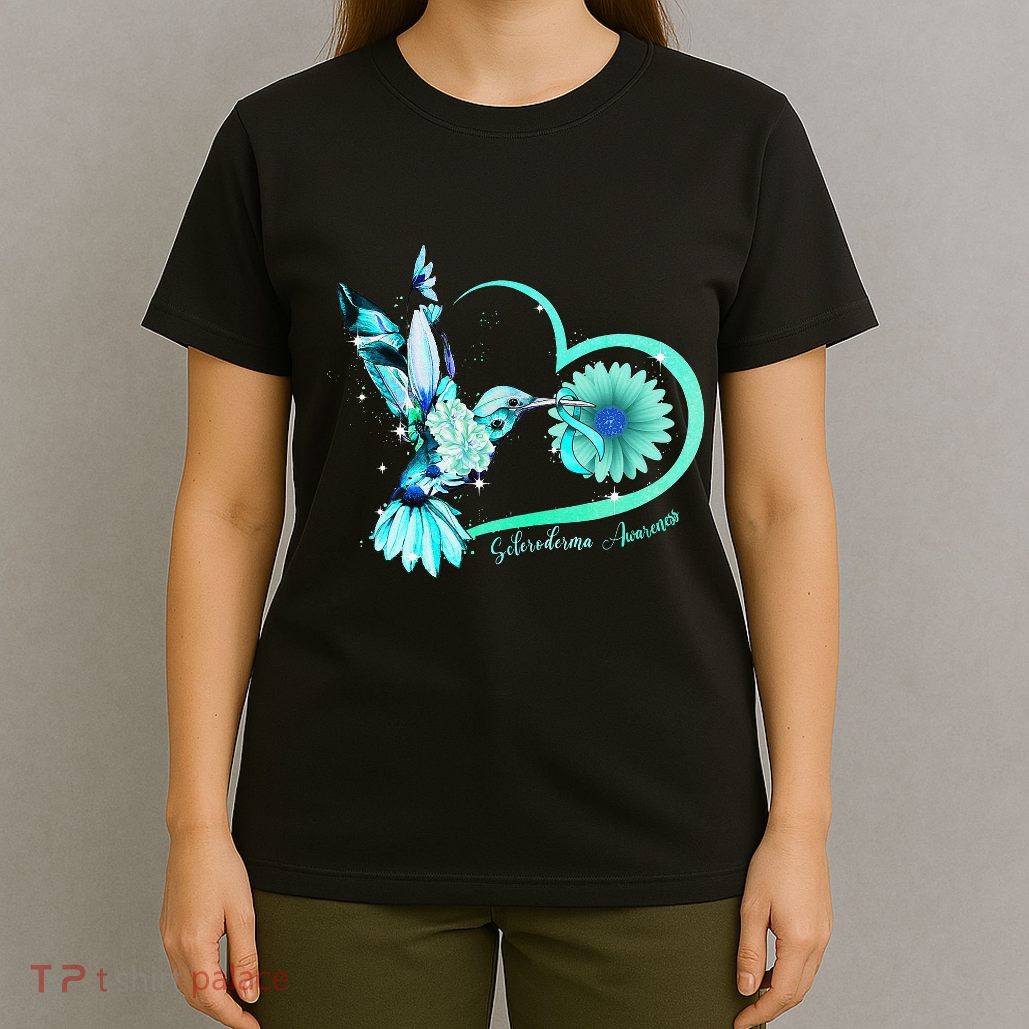 Hummingbird Sunflower Teal Ribbon Scleroderma Awareness T-Shirt