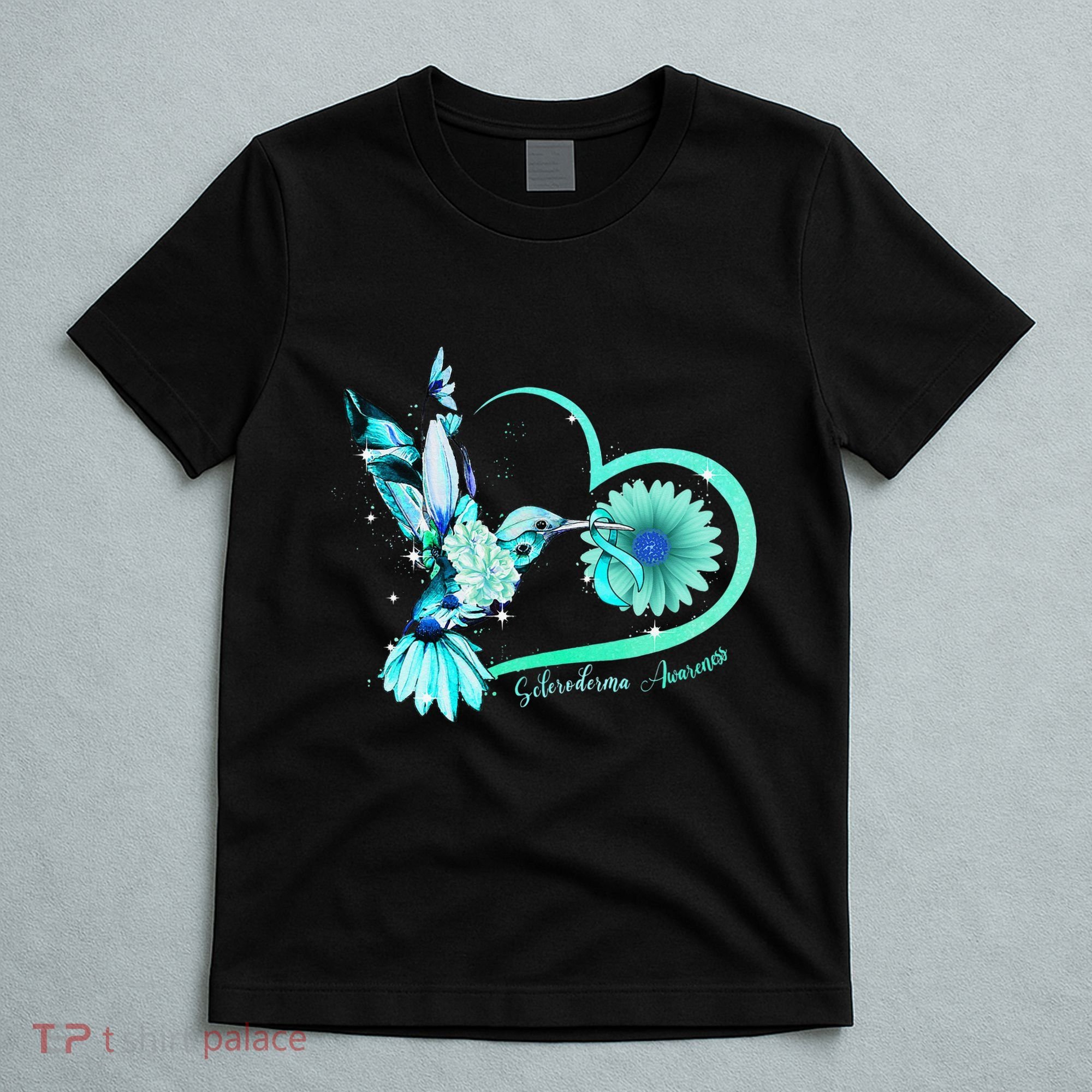 Hummingbird Sunflower Teal Ribbon Scleroderma Awareness T-Shirt