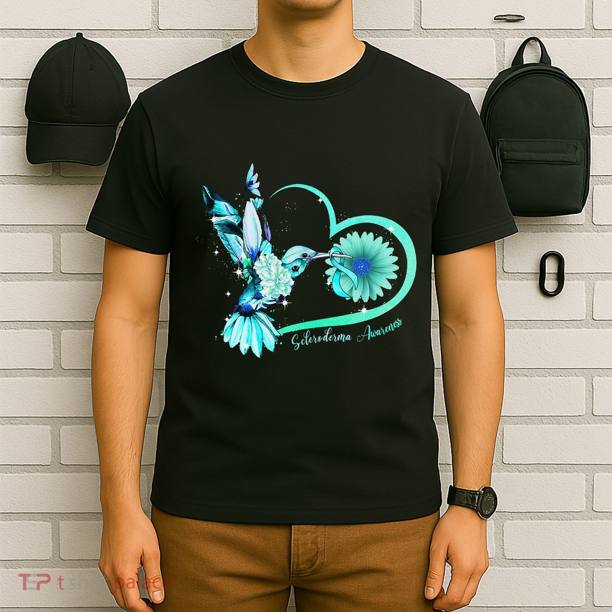 Hummingbird Sunflower Teal Ribbon Scleroderma Awareness T-Shirt