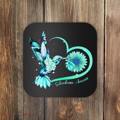 Hummingbird Sunflower Teal Ribbon Scleroderma Awareness Coaster