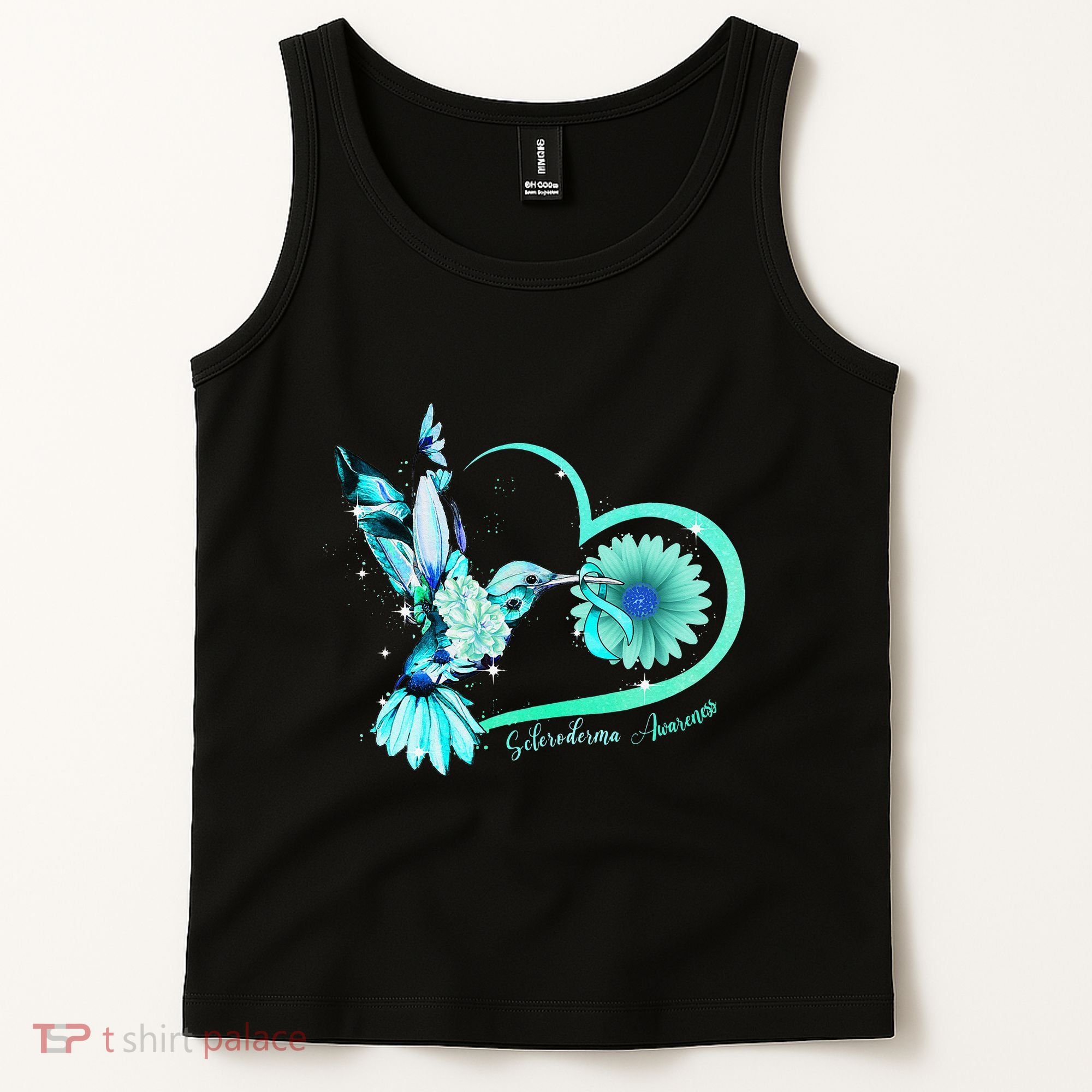 Hummingbird Sunflower Teal Ribbon Scleroderma Awareness Tank Top
