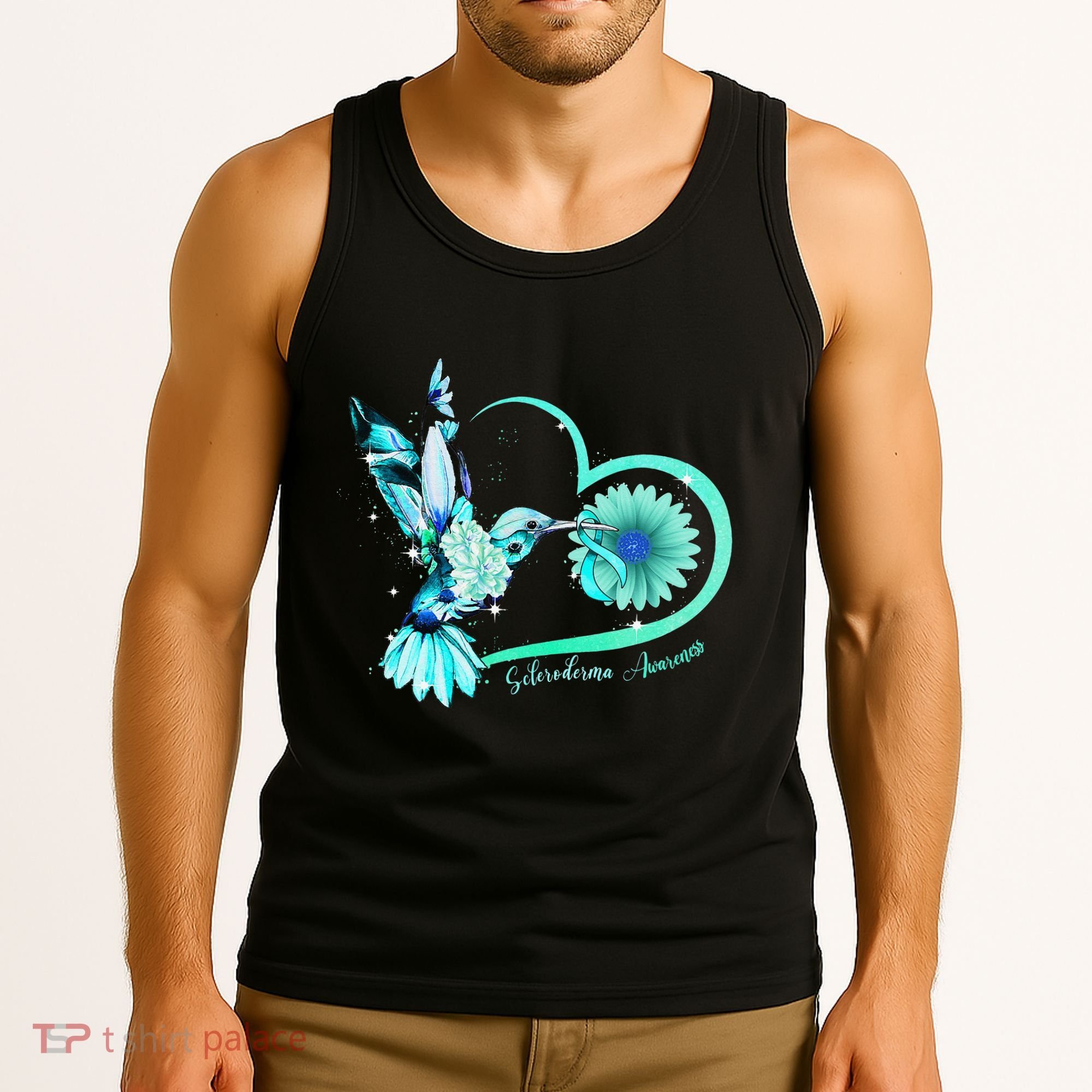 Hummingbird Sunflower Teal Ribbon Scleroderma Awareness Tank Top