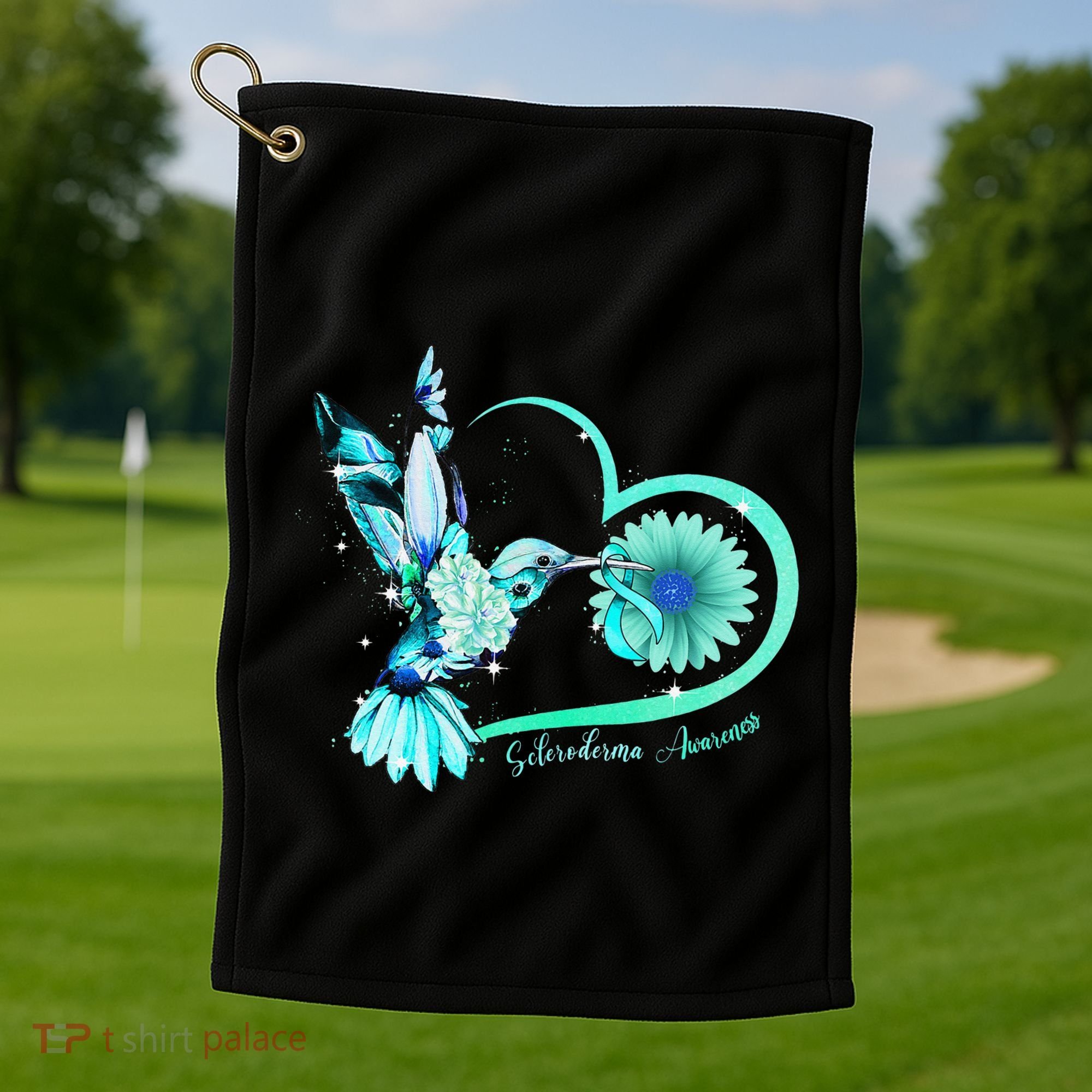 Hummingbird Sunflower Teal Ribbon Scleroderma Awareness Golf Towel