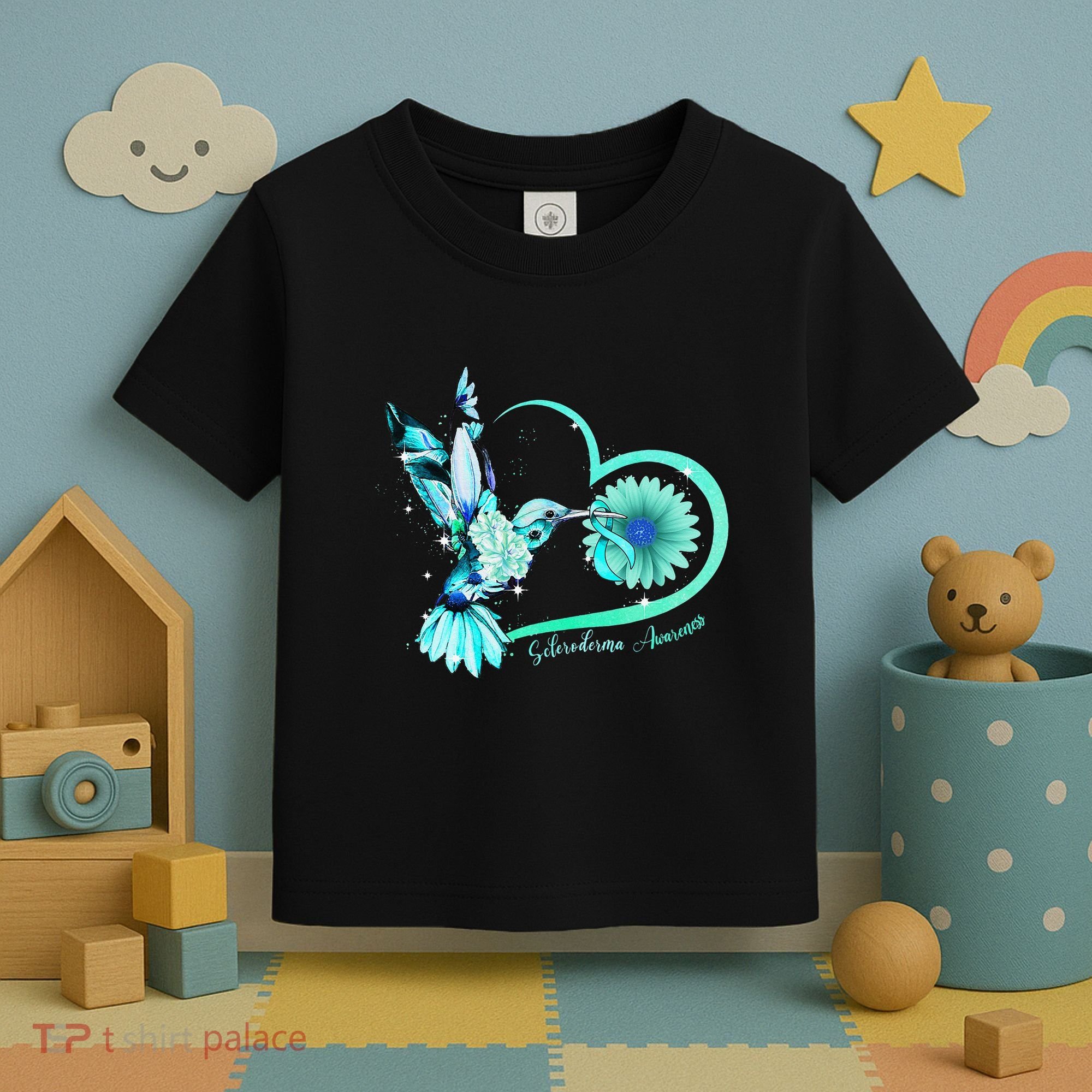 Hummingbird Sunflower Teal Ribbon Scleroderma Awareness Toddler T-Shirt